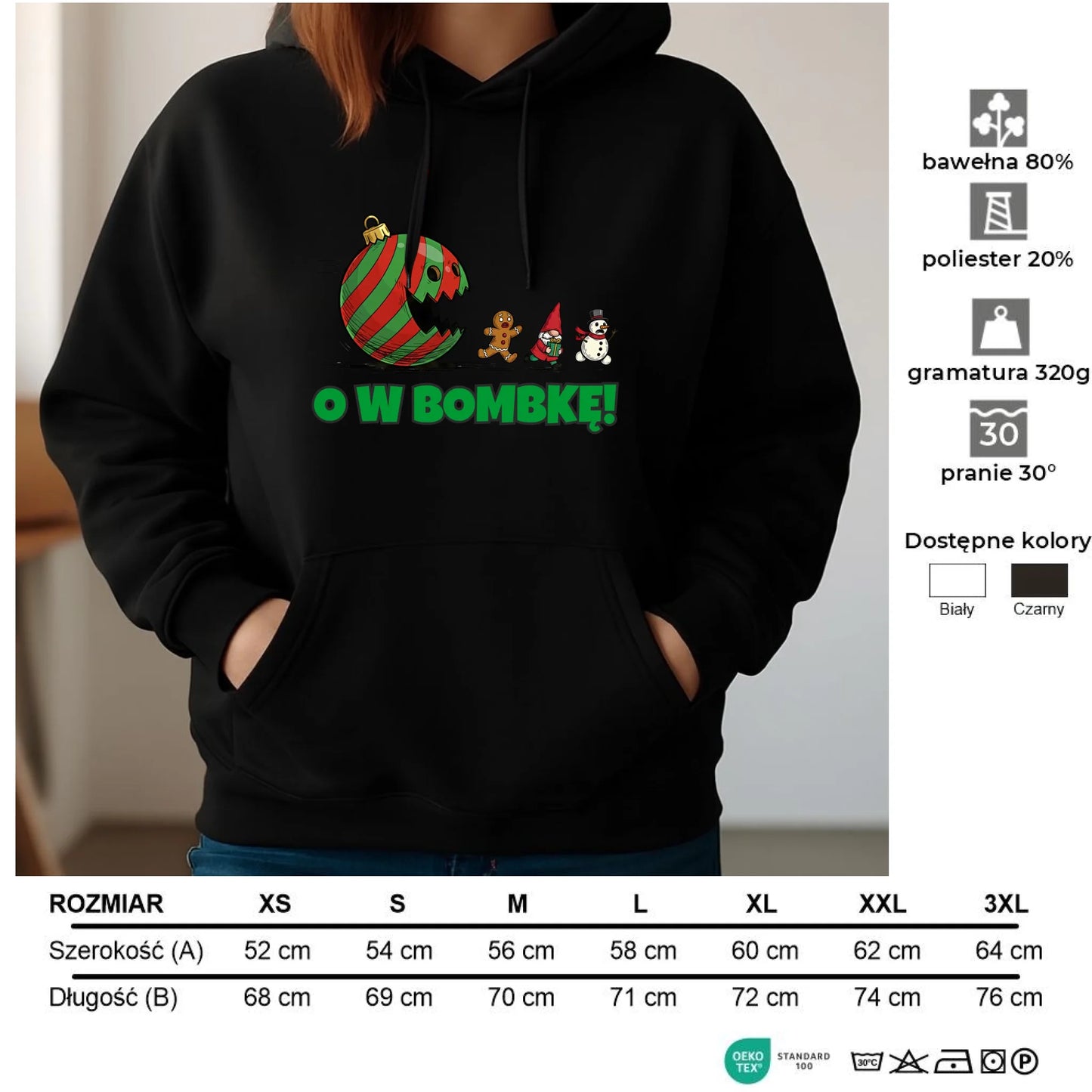 Bluza damska z kapturem świąteczna - O w bombkę BN142