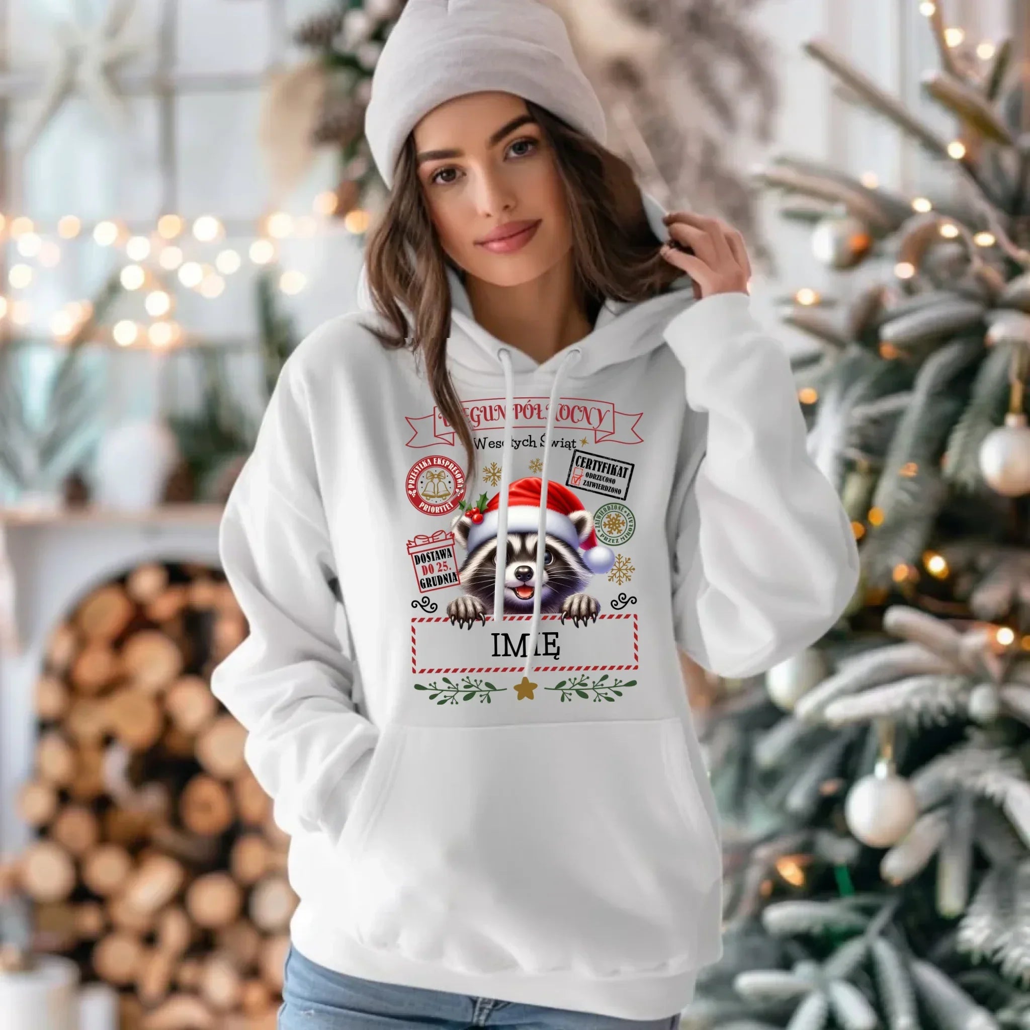 Bluza damska z kapturem świąteczna - Szop Paczka od Mikołaja - personalizowana BN145 - StoryCups.pl
