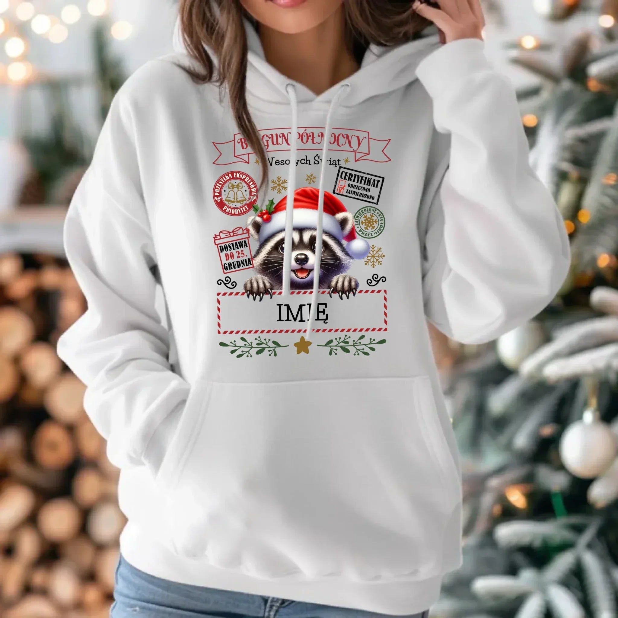 Bluza damska z kapturem świąteczna - Szop Paczka od Mikołaja - personalizowana BN145 - StoryCups.pl
