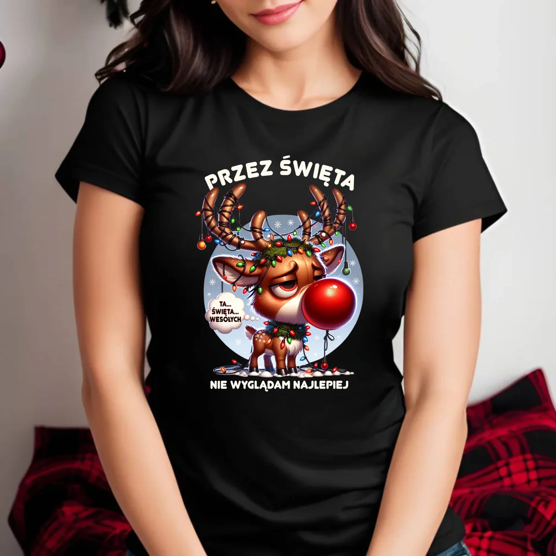 Koszulka damska świąteczna - Renifer Przez święta nie wyglądam najlepiej BN98 - StoryCups.pl