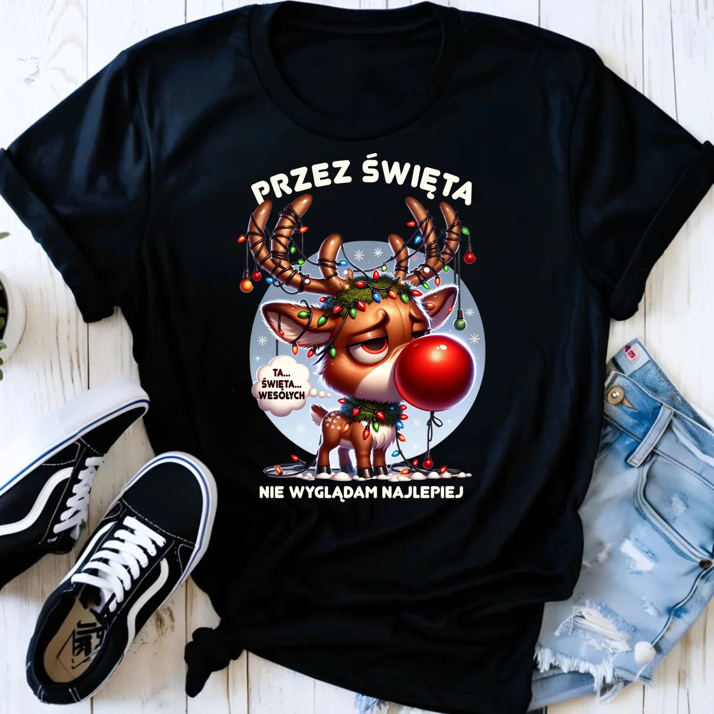 Koszulka damska świąteczna - Renifer Przez święta nie wyglądam najlepiej BN98 - StoryCups.pl