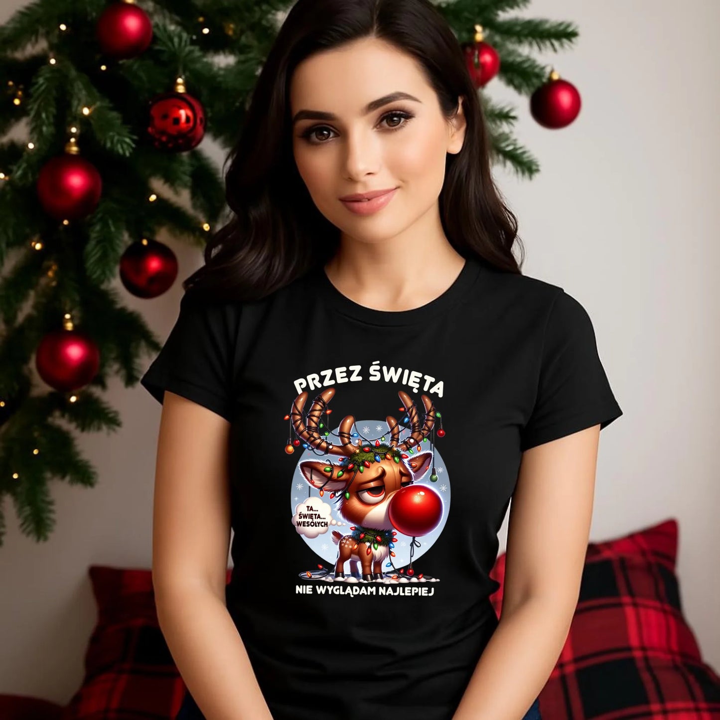 Koszulka damska świąteczna - Renifer Przez święta nie wyglądam najlepiej BN98 - StoryCups.pl
