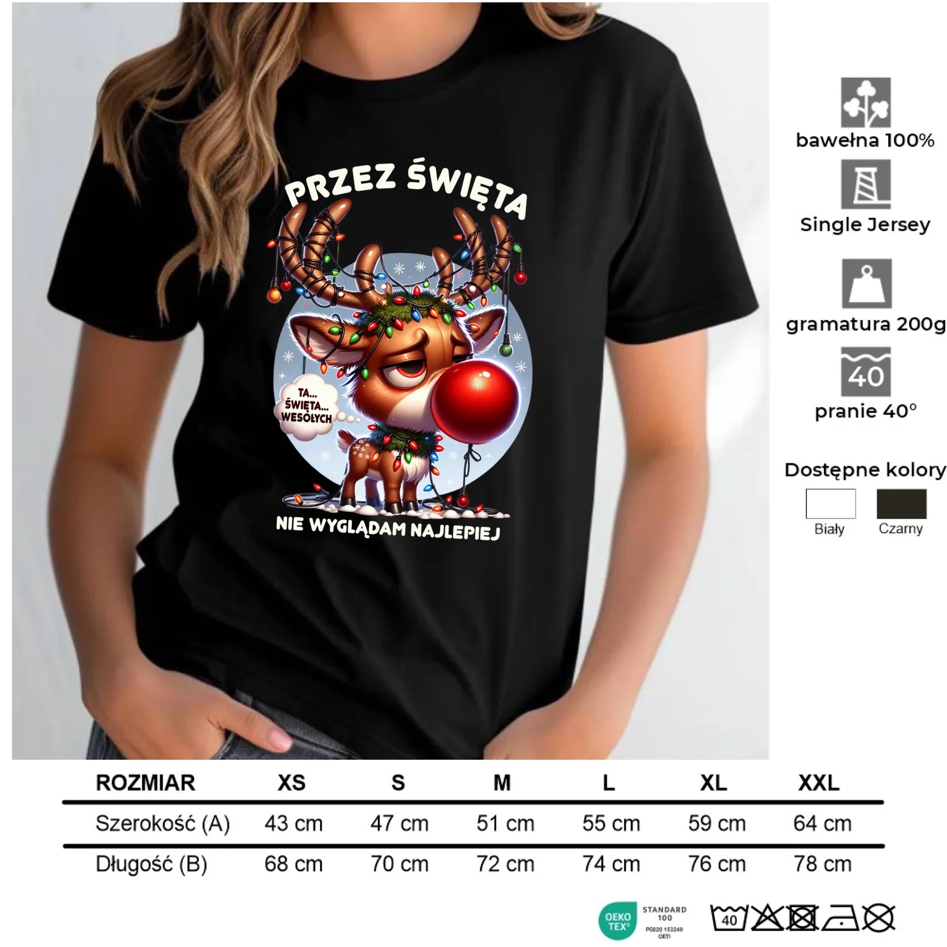 Koszulka damska świąteczna - Renifer Przez święta nie wyglądam najlepiej BN98 - StoryCups.pl