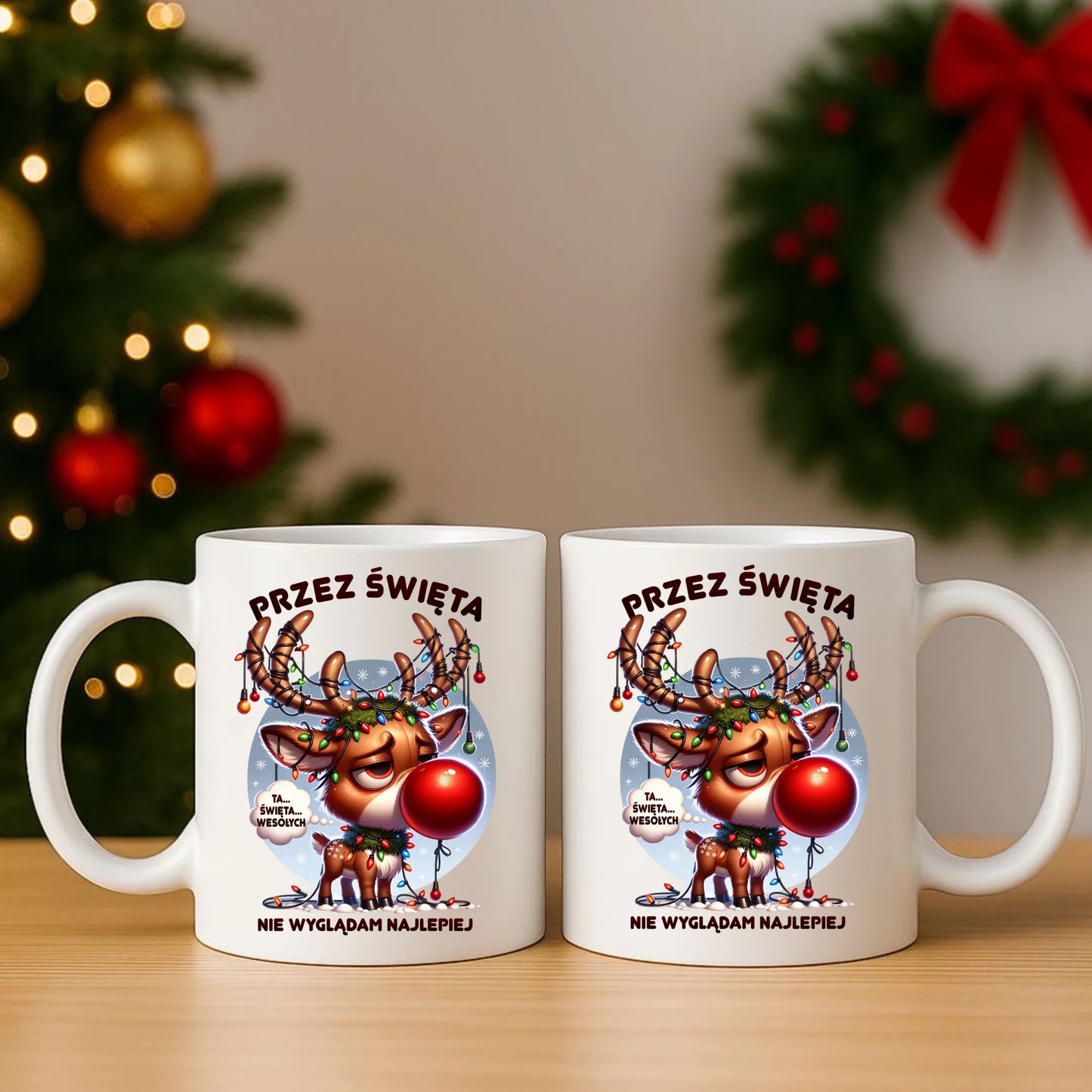 Zestaw poduszka i kubek świąteczny - Renifer Przez święta nie wyglądam najlepiej BN98 - StoryCups.pl