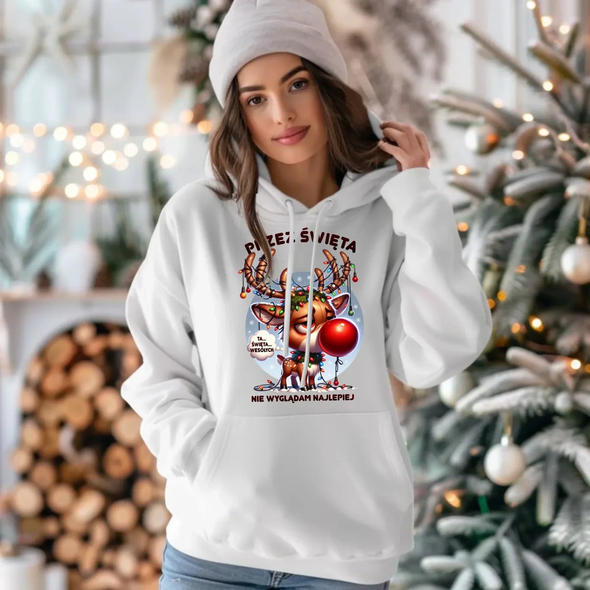 Bluza damska z kapturem świąteczna - Renifer Przez święta nie wyglądam najlepiej BN98 - StoryCups.pl
