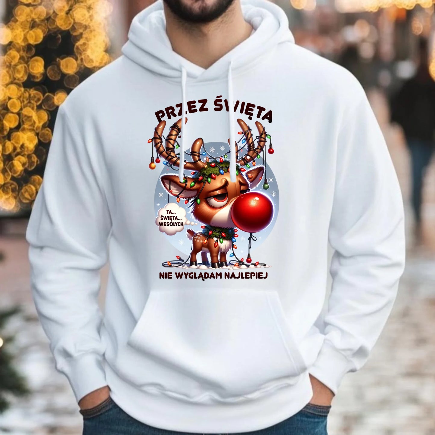 Bluza męska z kapturem świąteczna - Renifer Przez święta nie wyglądam najlepiej BN98 - StoryCups.pl