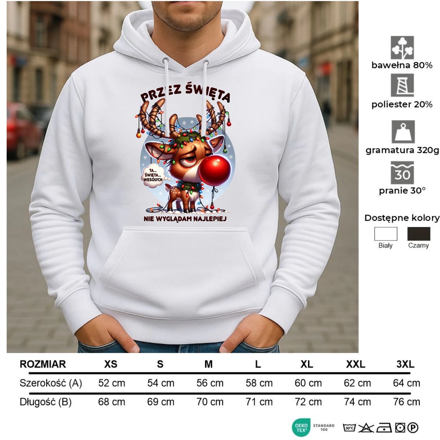 Bluza męska z kapturem świąteczna - Renifer Przez święta nie wyglądam najlepiej BN98 - StoryCups.pl