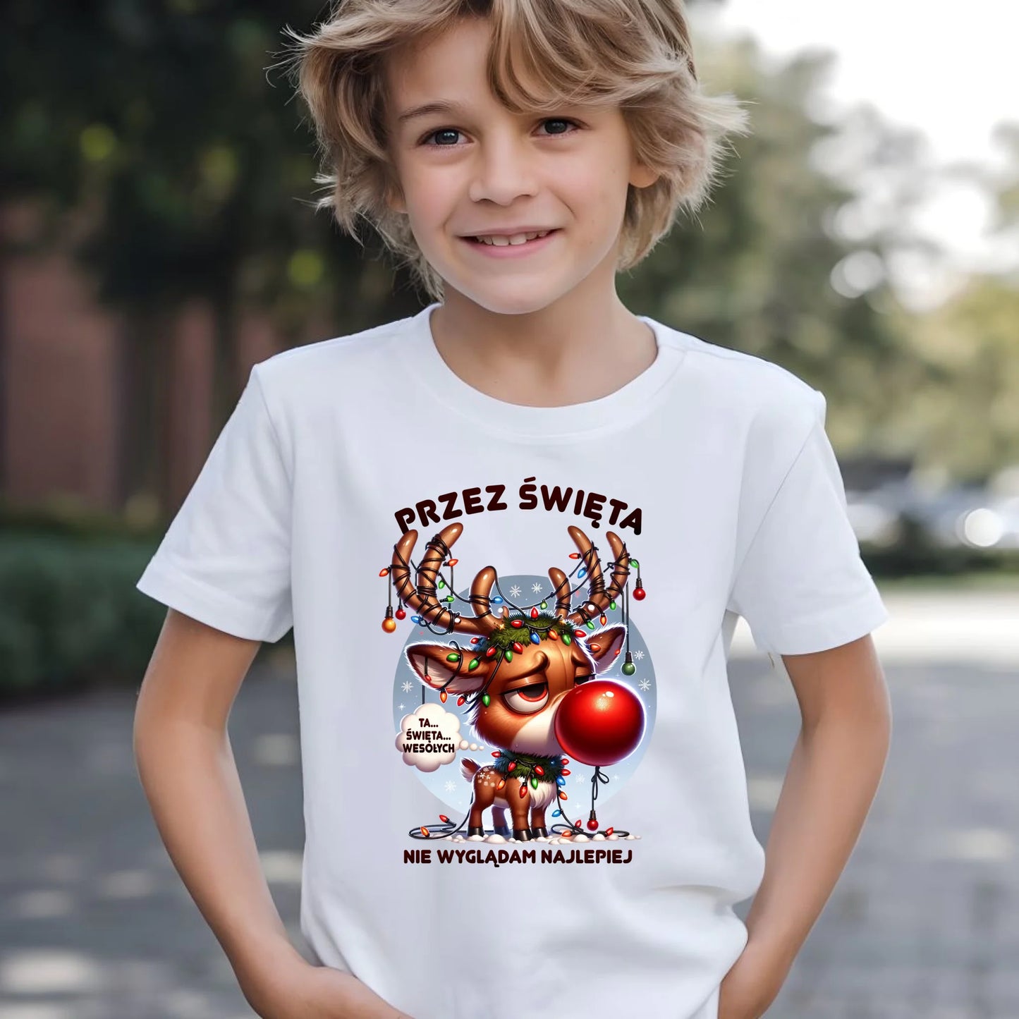 Koszulka dziecięca świąteczna - Renifer Przez święta nie wyglądam najlepiej BN98 - StoryCups.pl