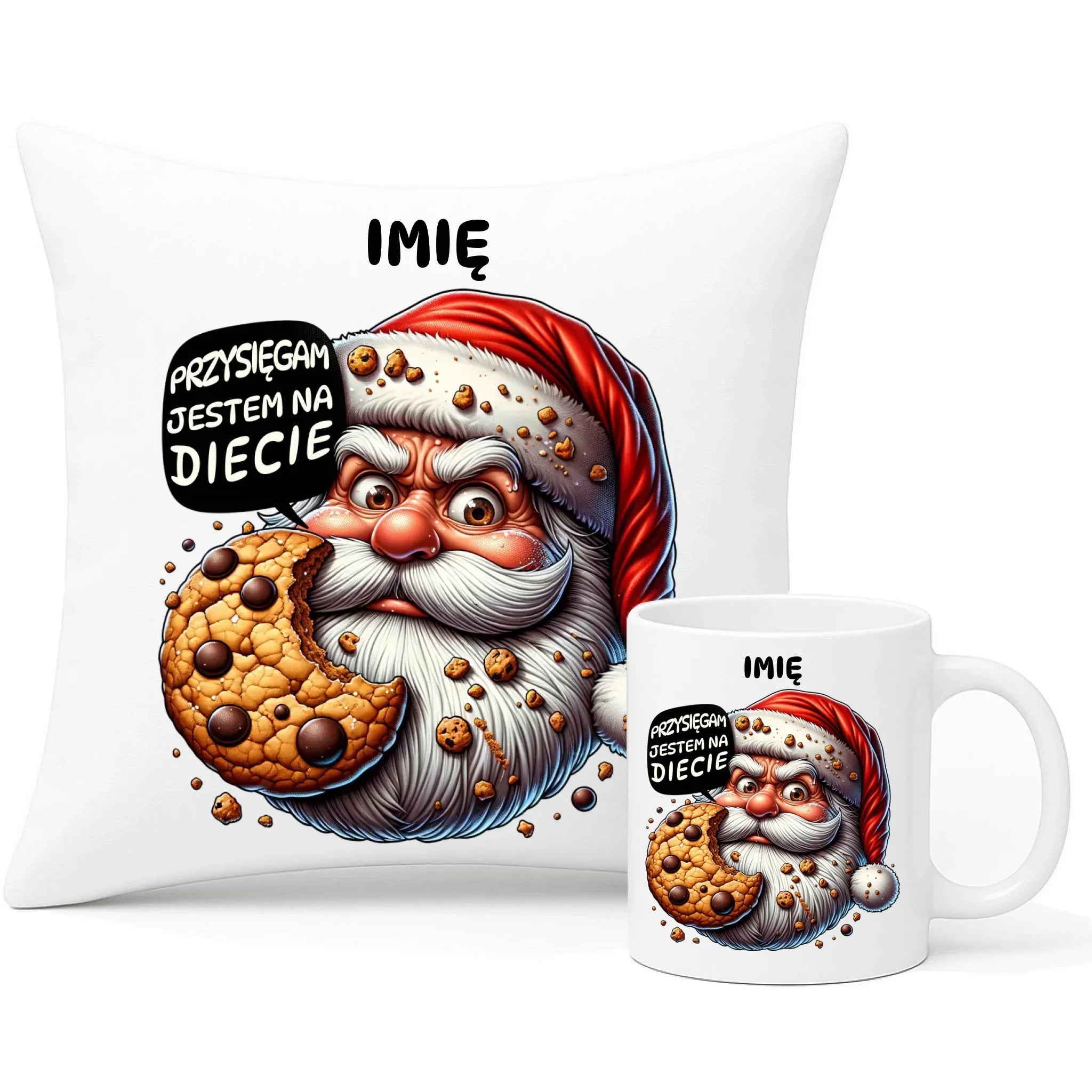 Zestaw poduszka i kubek świąteczny - Mikołaj Przysięgam jestem na diecie - personalizowany BN97 - StoryCups.pl