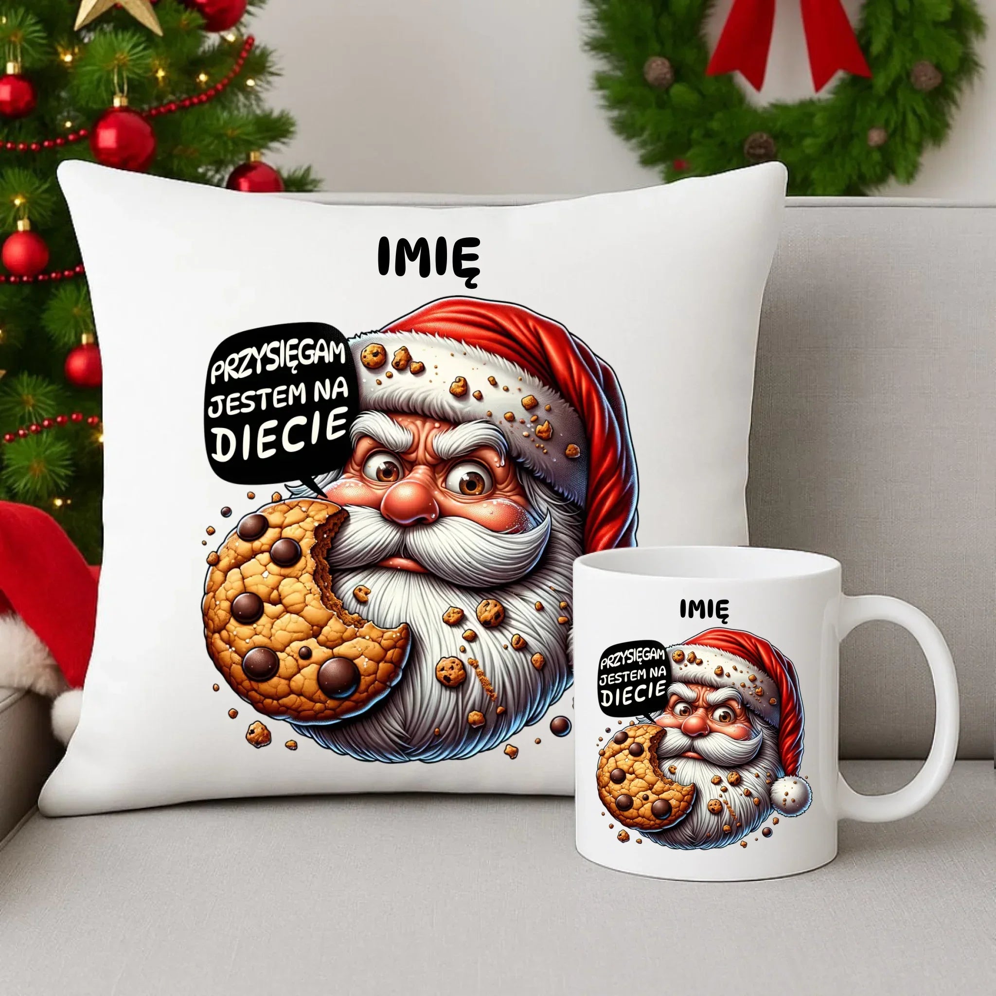 Zestaw poduszka i kubek świąteczny - Mikołaj Przysięgam jestem na diecie - personalizowany BN97 - StoryCups.pl