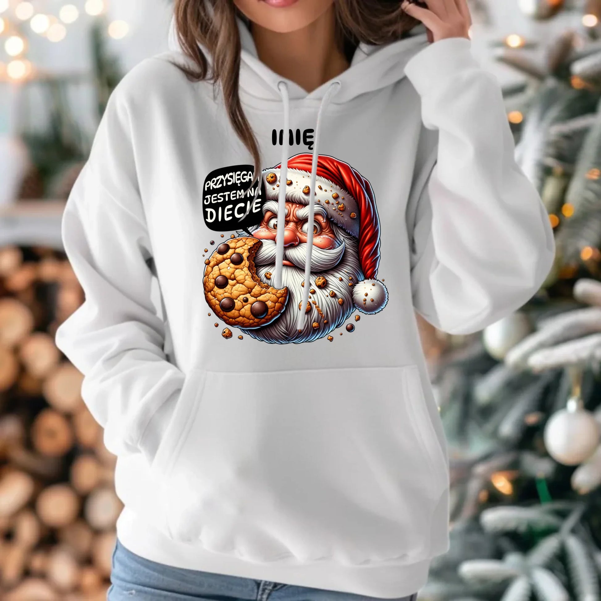 Bluza damska z kapturem świąteczna - Mikołaj Przysięgam jestem na diecie - personalizowana BN97 - StoryCups.pl