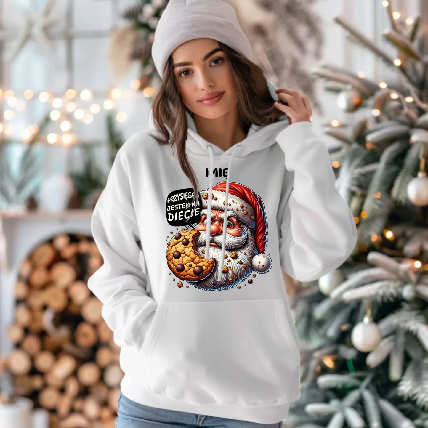 Bluza damska z kapturem świąteczna - Mikołaj Przysięgam jestem na diecie - personalizowana BN97 - StoryCups.pl