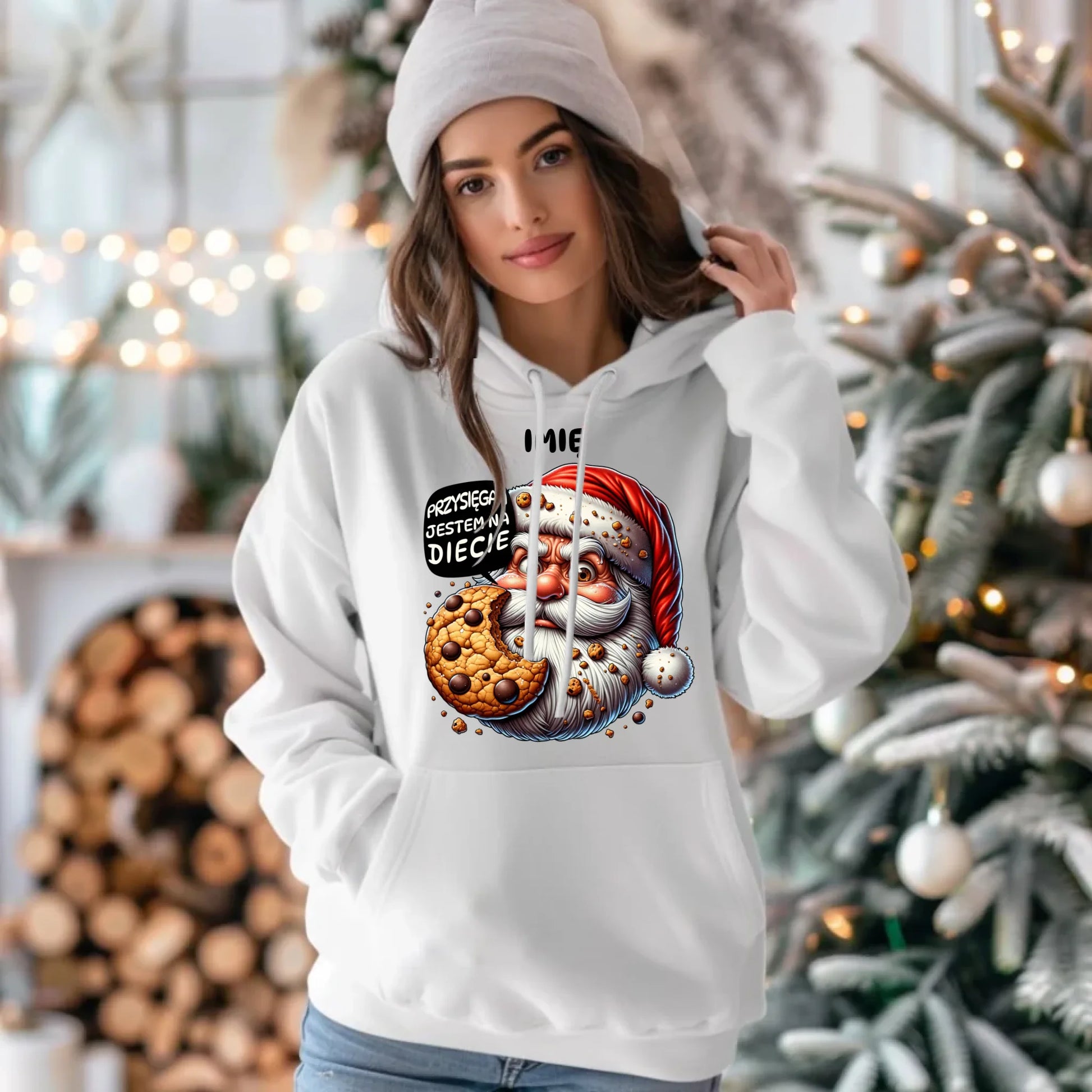 Bluza damska z kapturem świąteczna - Mikołaj Przysięgam jestem na diecie - personalizowana BN97 - StoryCups.pl
