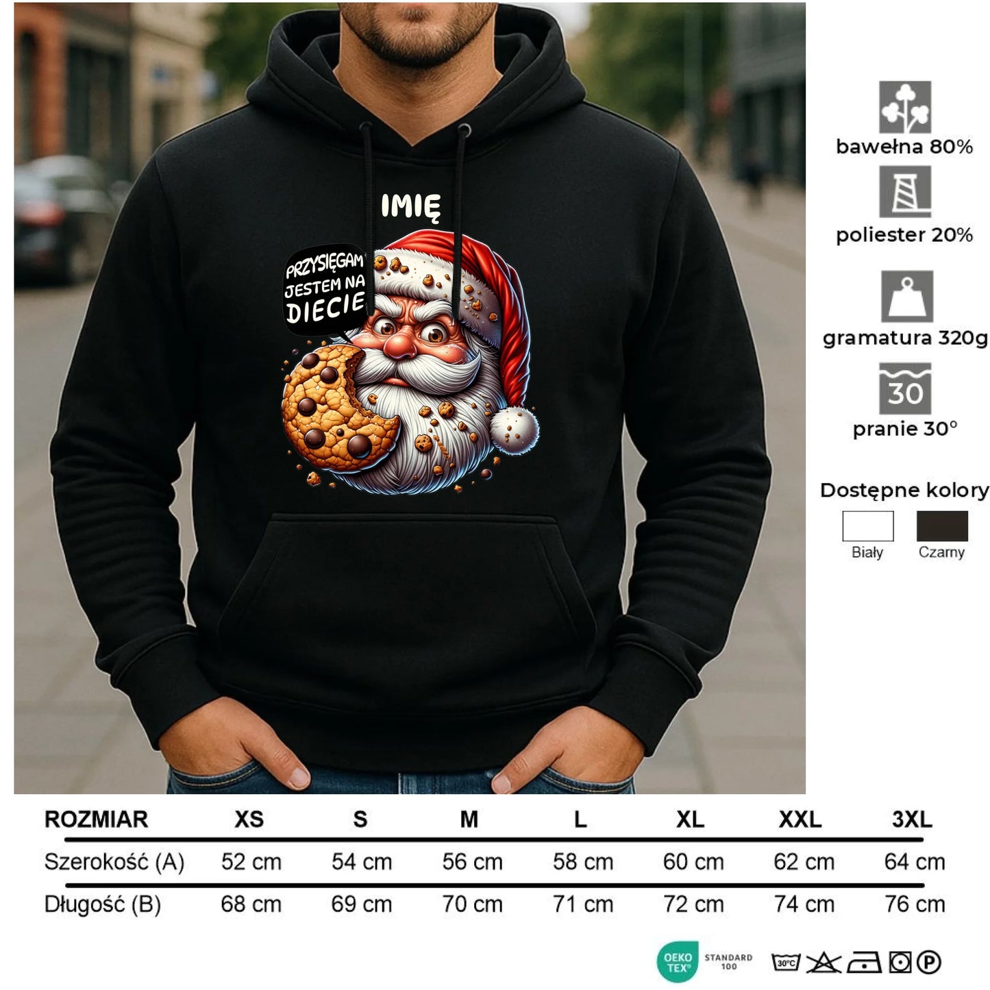 Bluza męska z kapturem świąteczna - Mikołaj Przysięgam jestem na diecie - personalizowana BN97 - StoryCups.pl