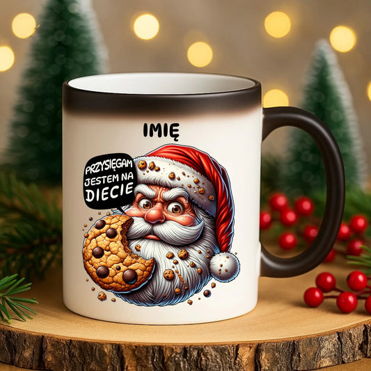 Kubek magiczny świąteczny - Mikołaj Przysięgam jestem na diecie - personalizowany BN97 - StoryCups.pl