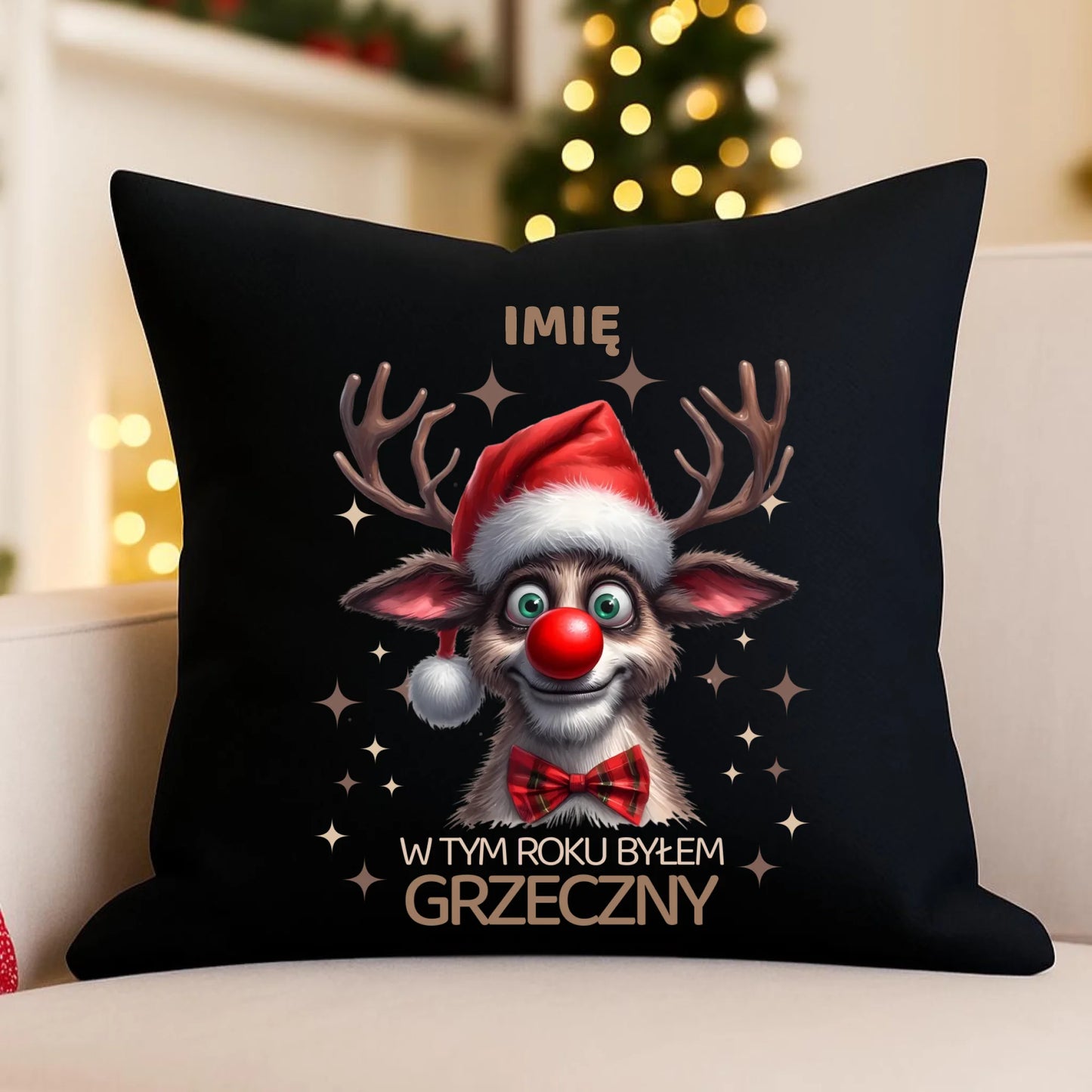 Poduszka dekoracyjna świąteczna - Renifer W tym roku byłem grzeczny - personalizowana BN96