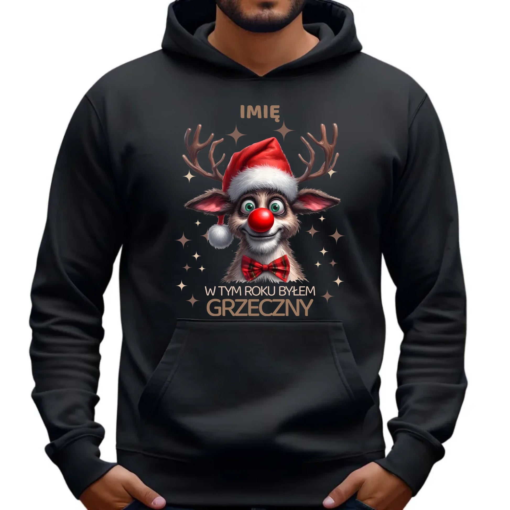 Bluza męska z kapturem świąteczna - Renifer W tym roku byłem grzeczny - personalizowana BN96 - StoryCups.pl