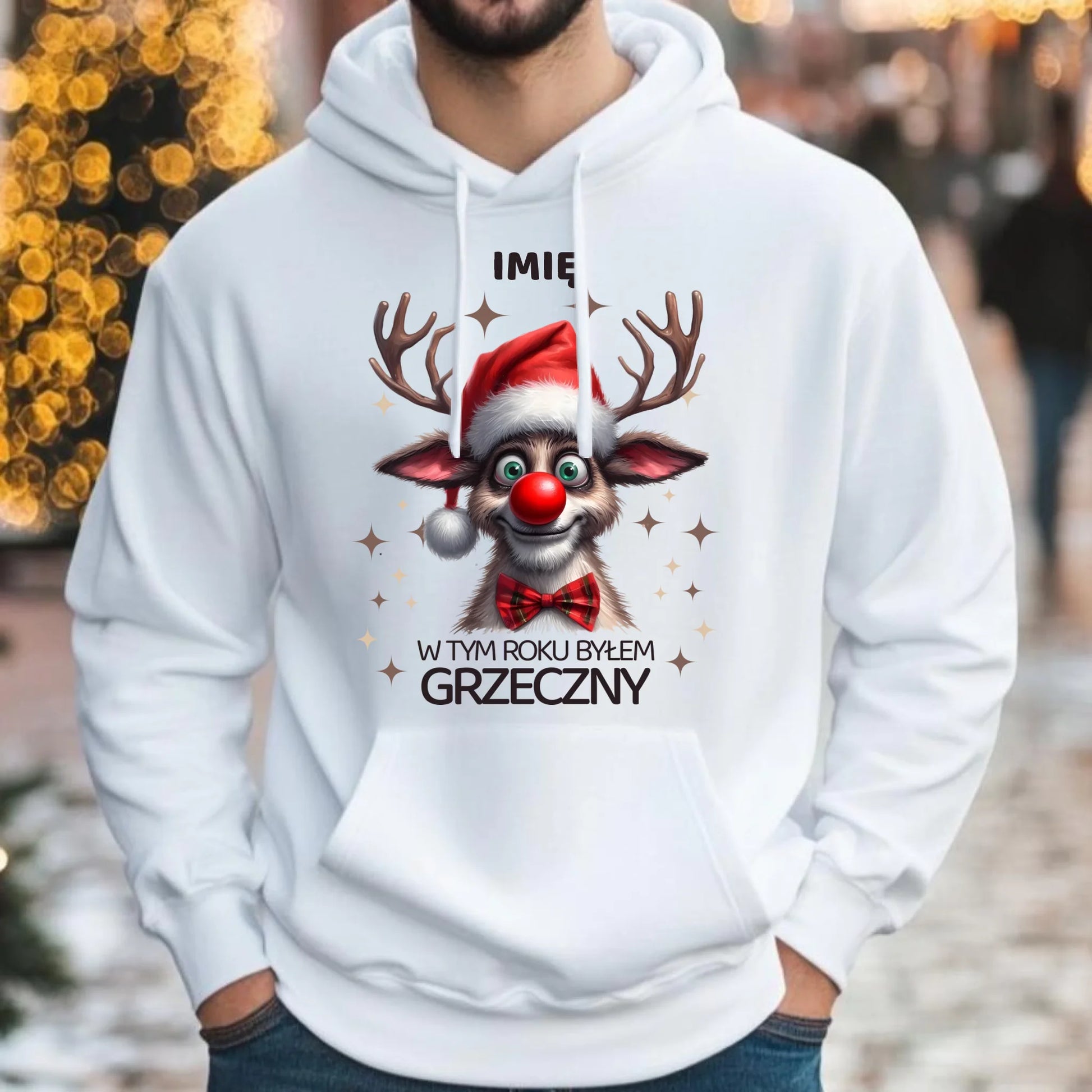 Bluza męska z kapturem świąteczna - Renifer W tym roku byłem grzeczny - personalizowana BN96 - StoryCups.pl