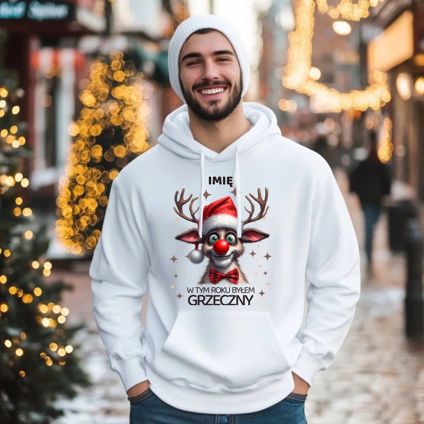 Bluza męska z kapturem świąteczna - Renifer W tym roku byłem grzeczny - personalizowana BN96 - StoryCups.pl