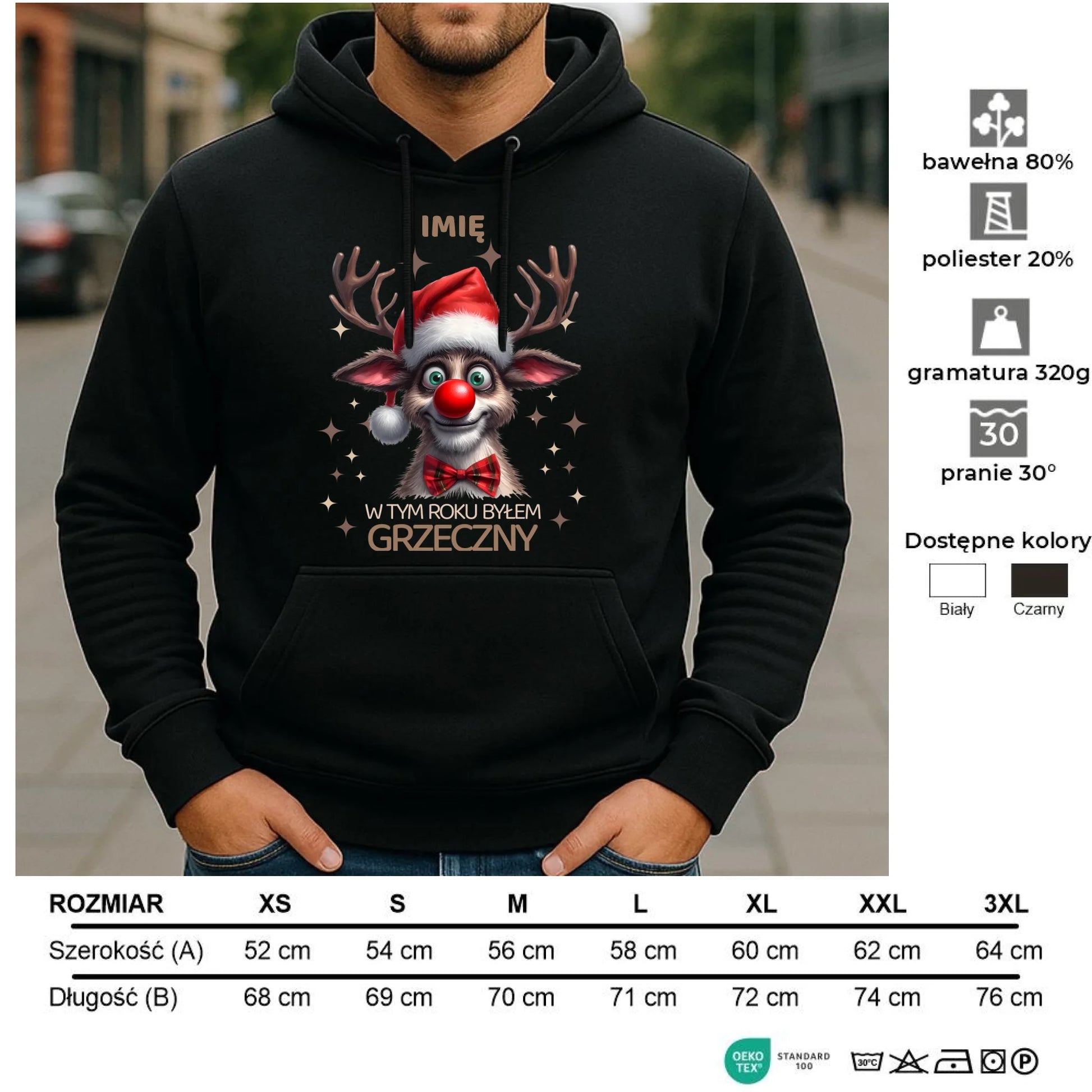 Bluza męska z kapturem świąteczna - Renifer W tym roku byłem grzeczny - personalizowana BN96 - StoryCups.pl