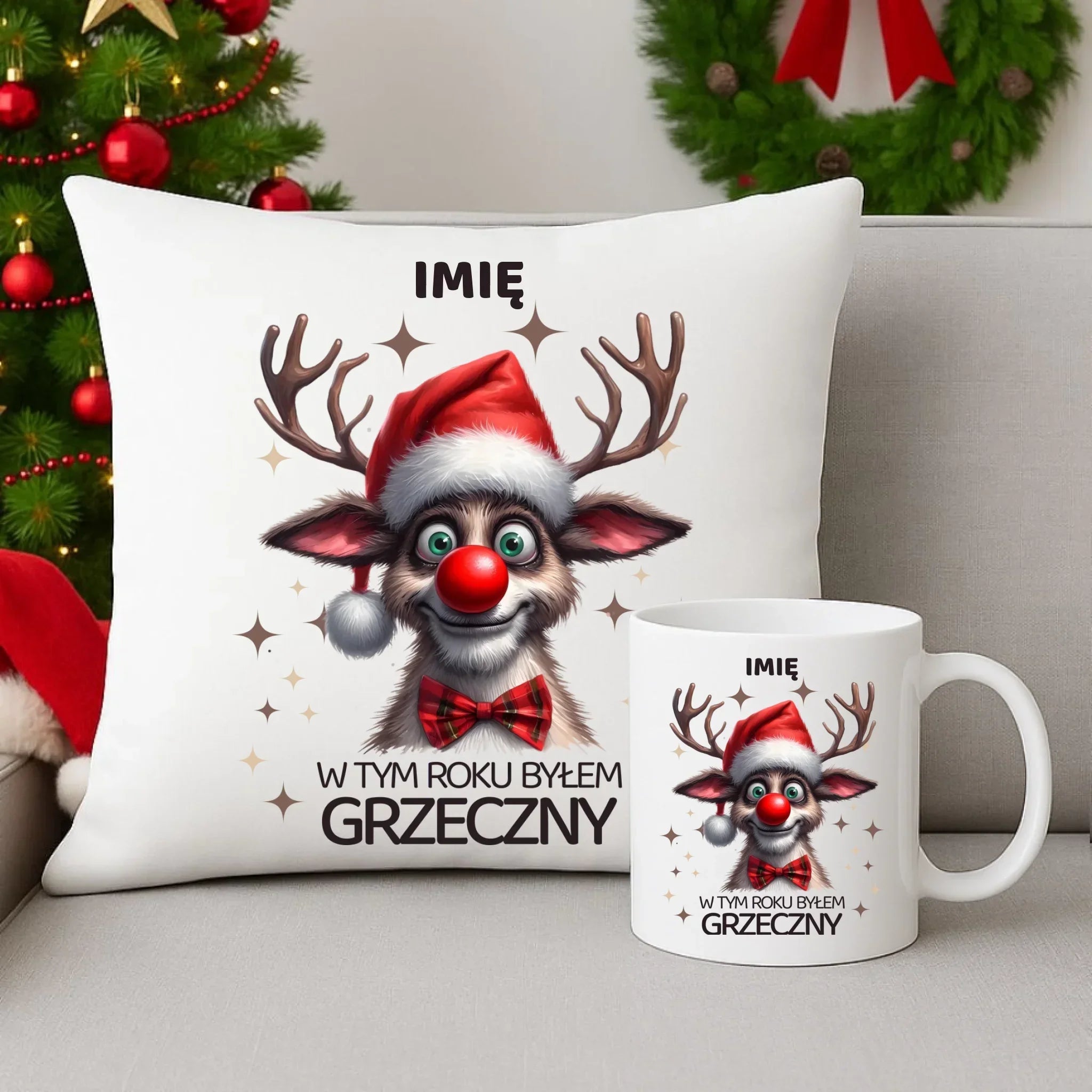 Zestaw poduszka i kubek świąteczny - Renifer W tym roku byłem grzeczny - personalizowany BN96 - StoryCups.pl