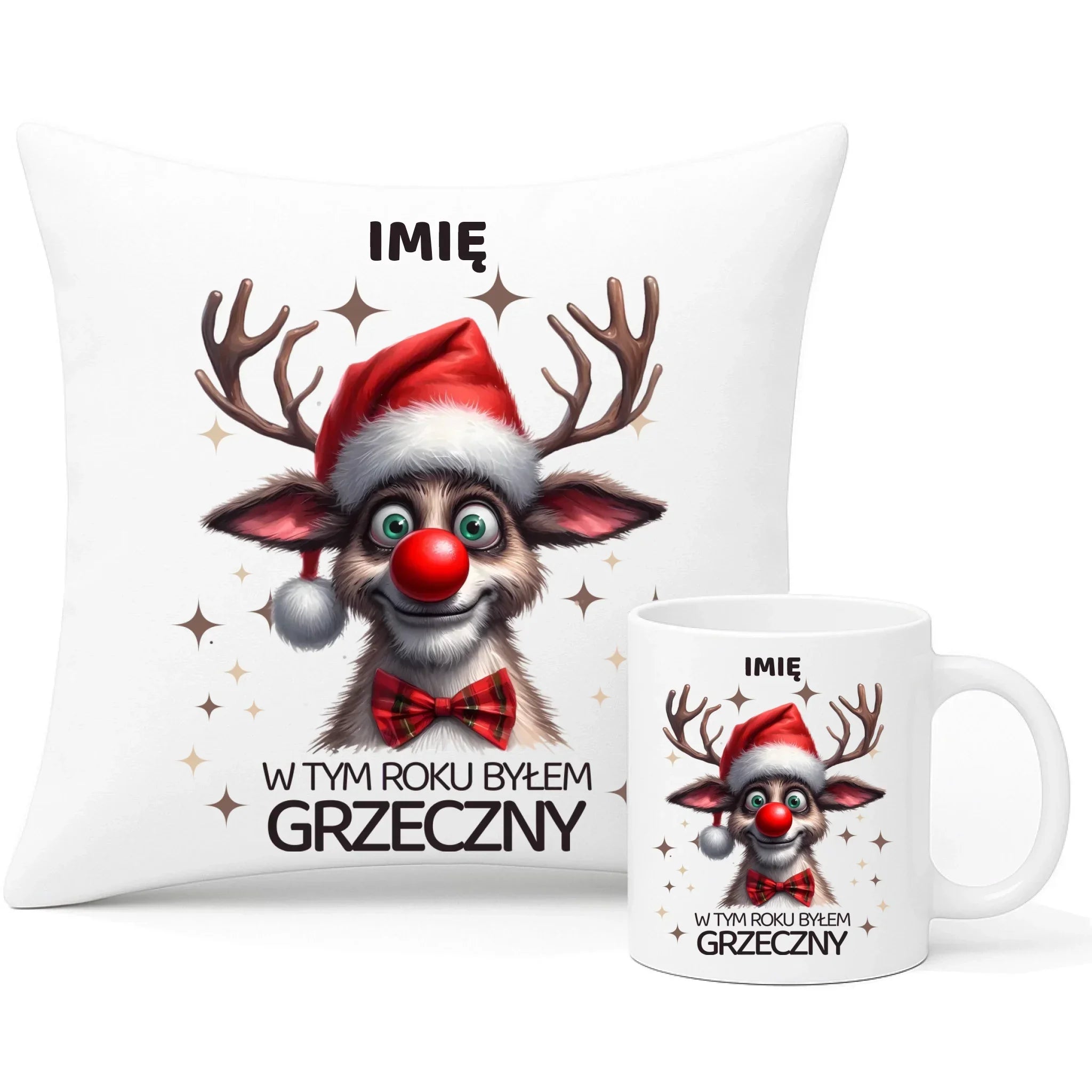 Zestaw poduszka i kubek świąteczny - Renifer W tym roku byłem grzeczny - personalizowany BN96 - StoryCups.pl
