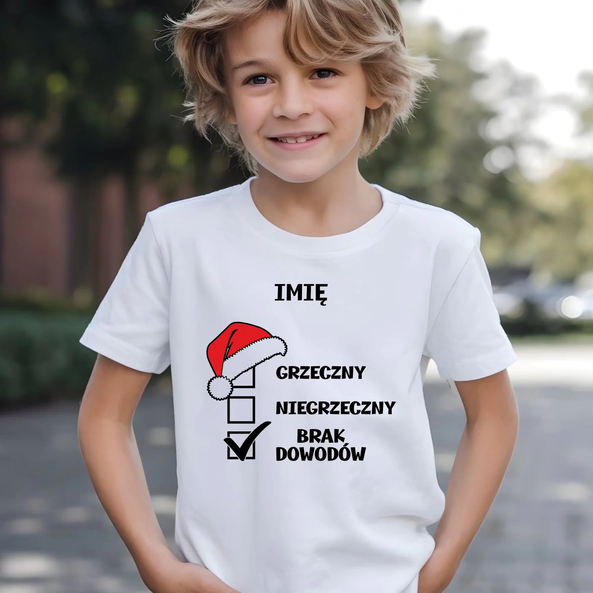 Koszulka dziecięca świąteczna dla chłopca - Grzeczny niegrzeczny brak dowodów - personalizowana BN99 - StoryCups.pl