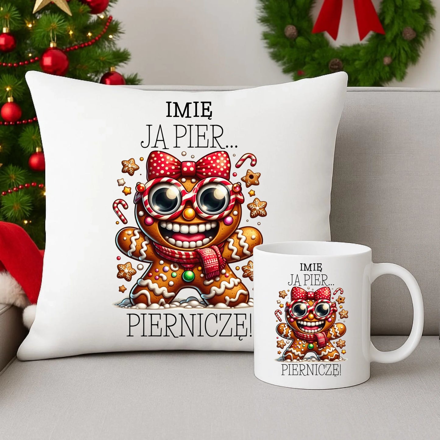 Zestaw poduszka i kubek świąteczny - Babeczka Ja pierniczę - personalizowany BN95 - StoryCups.pl