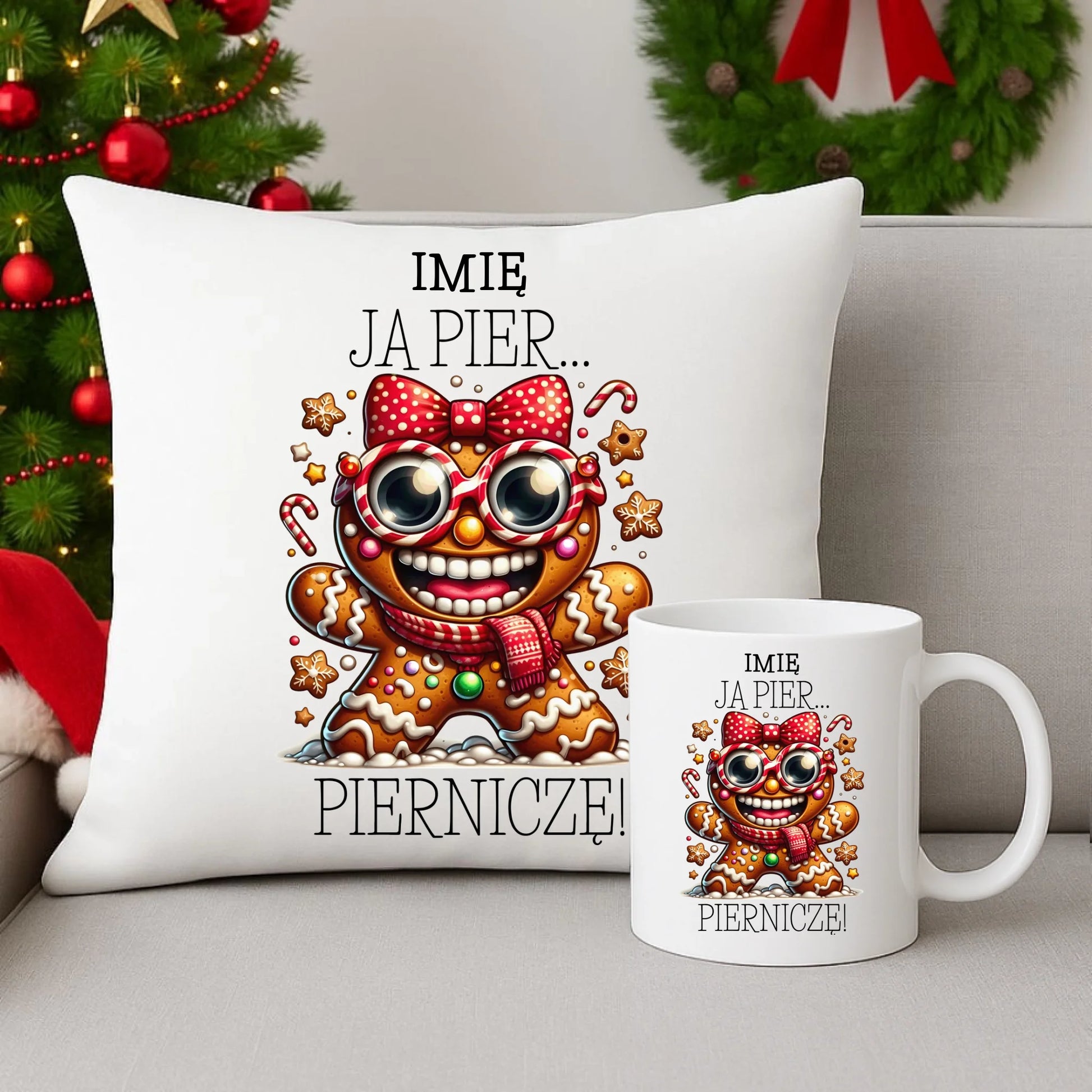 Zestaw poduszka i kubek świąteczny - Babeczka Ja pierniczę - personalizowany BN95 - StoryCups.pl