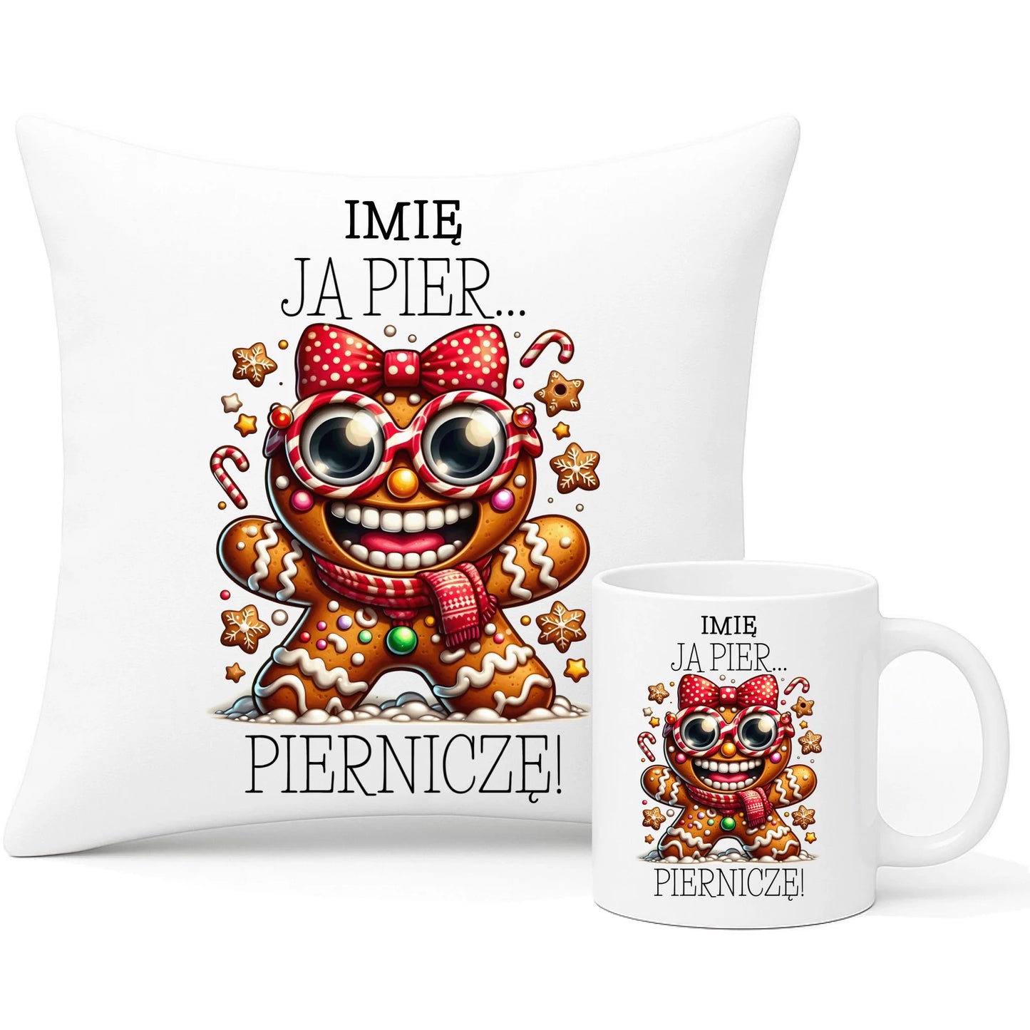 Zestaw poduszka i kubek świąteczny - Babeczka Ja pierniczę - personalizowany BN95 - StoryCups.pl