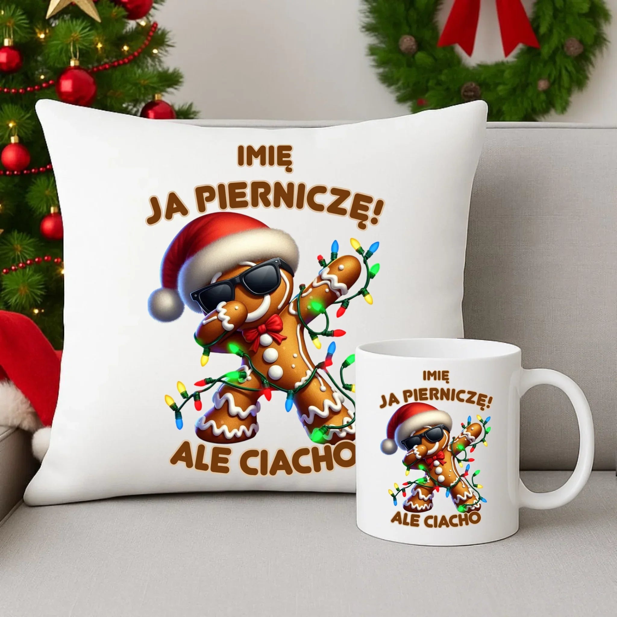 Zestaw poduszka i kubek świąteczny - Piernik Ja pierniczę ale ciacho - personalizowany BN94 - StoryCups.pl