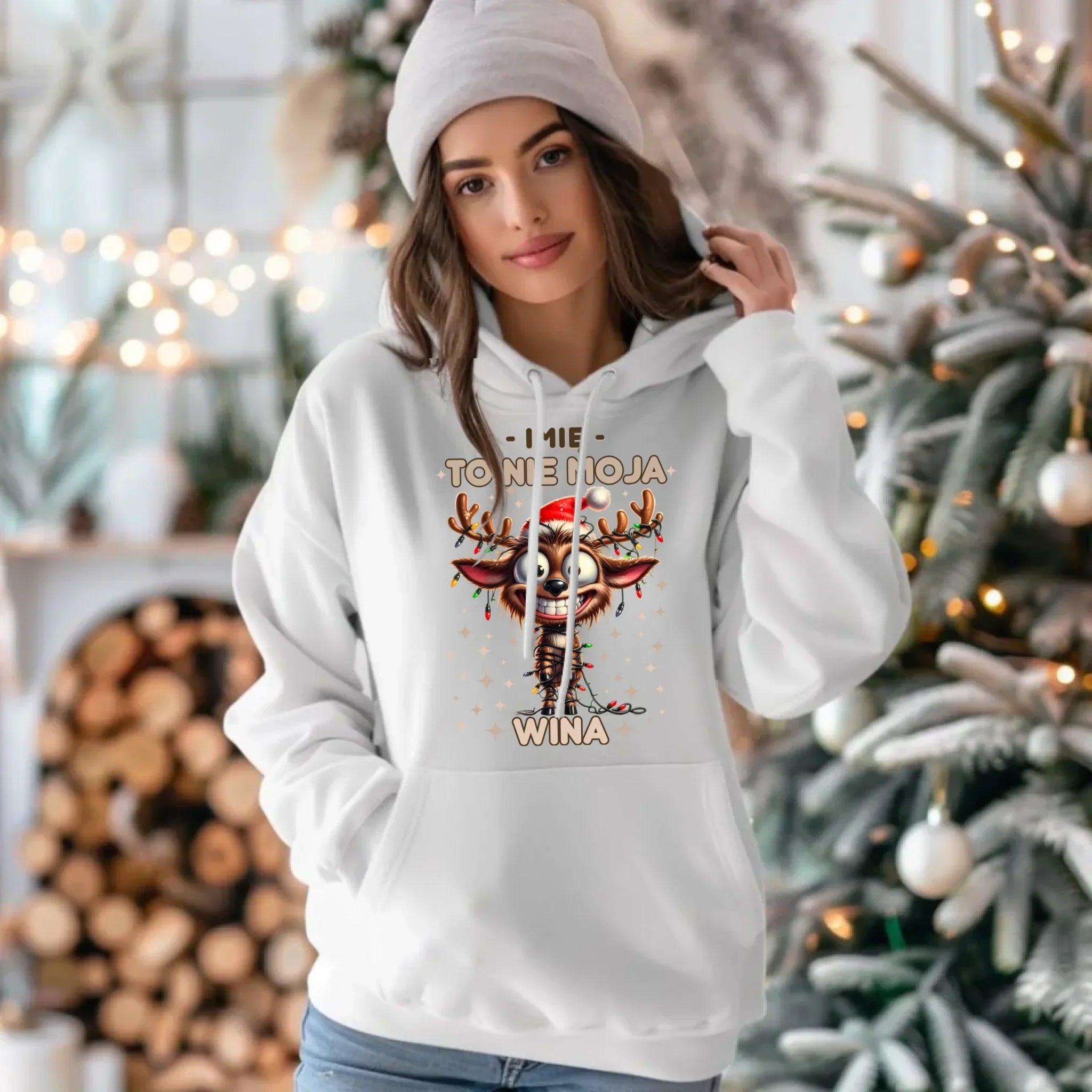 Bluza damska z kapturem świąteczna - Renifer To nie moja wina - personalizowana BN93 - StoryCups.pl