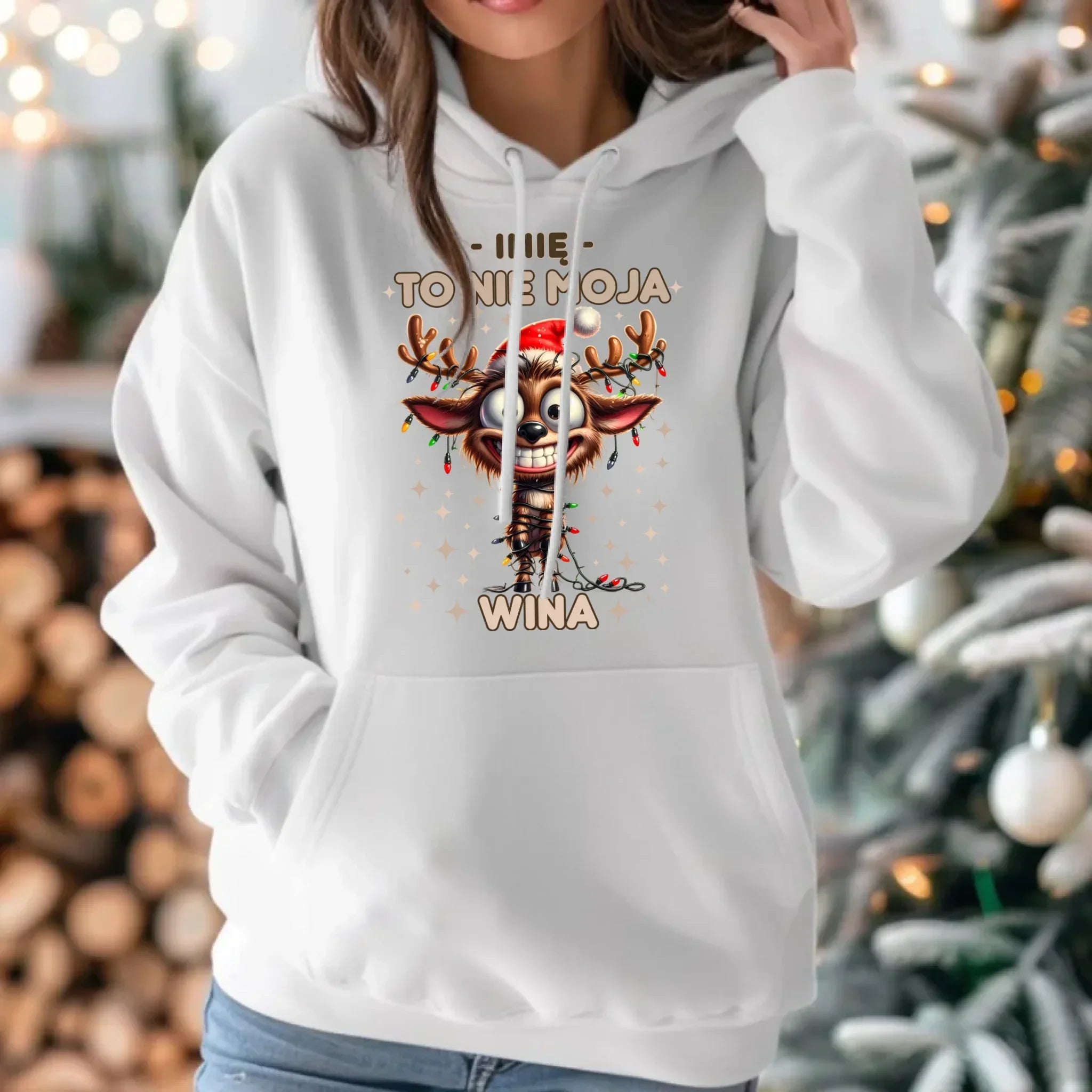 Bluza damska z kapturem świąteczna - Renifer To nie moja wina - personalizowana BN93 - StoryCups.pl