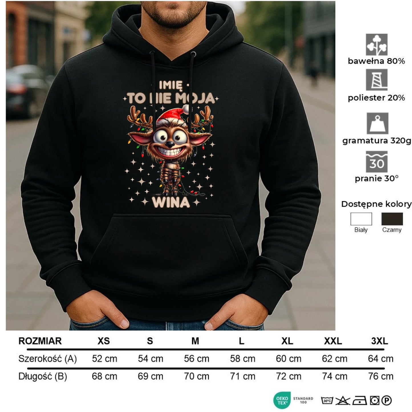 Bluza męska z kapturem świąteczna - Renifer To nie moja wina - personalizowana BN93 - StoryCups.pl