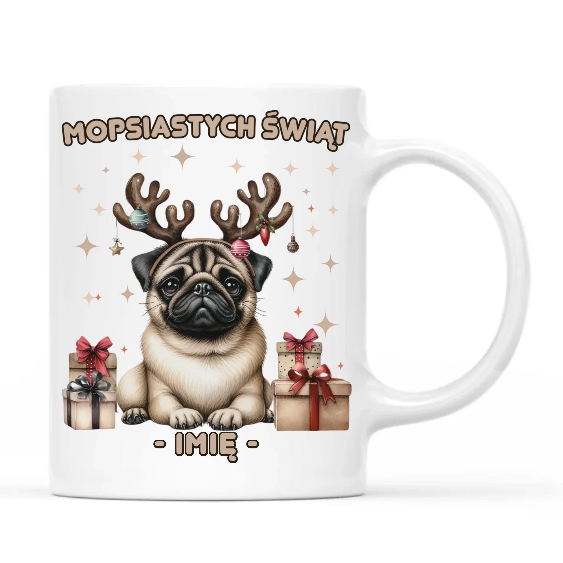 Kubek świąteczny - Mops Mopsiastych świąt - personalizowany BN91 - StoryCups.pl
