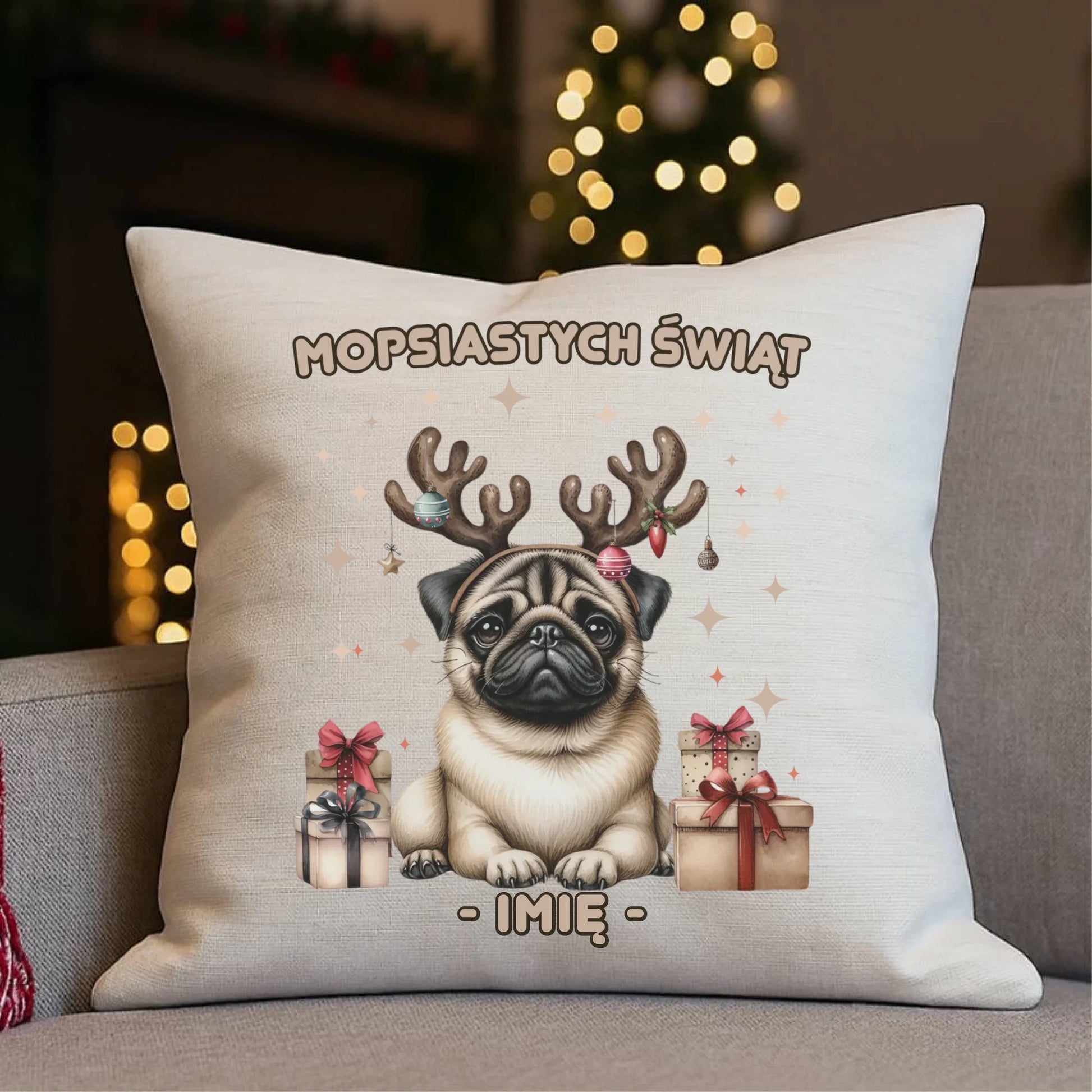 Poduszka świąteczna - Mops Mopsiastych świąt - personalizowana BN91 - StoryCups.pl