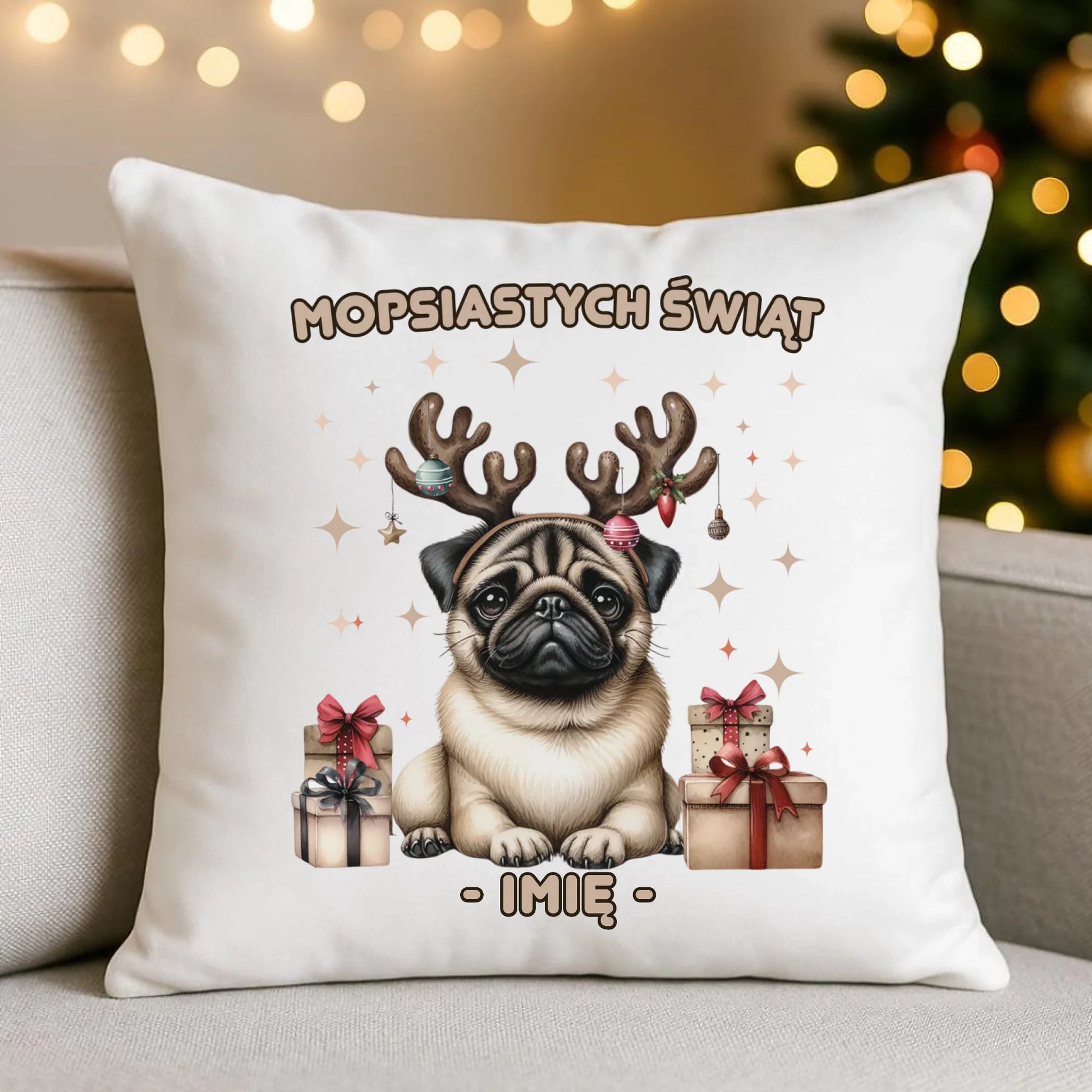 Poduszka świąteczna - Mops Mopsiastych świąt - personalizowana BN91 - StoryCups.pl
