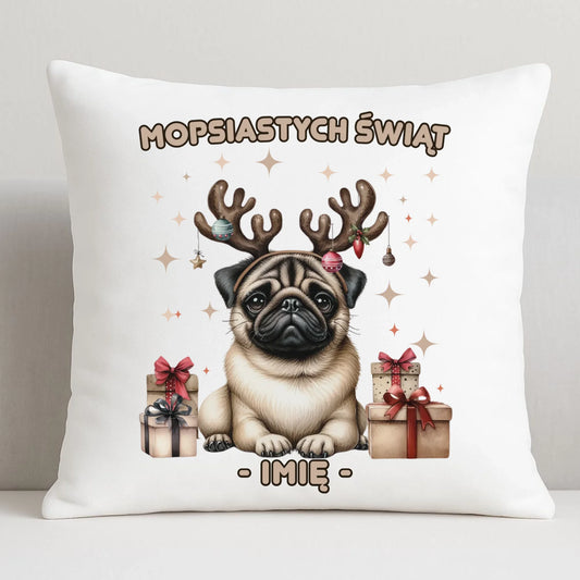 Poduszka świąteczna - Mops Mopsiastych świąt - personalizowana BN91 - StoryCups.pl