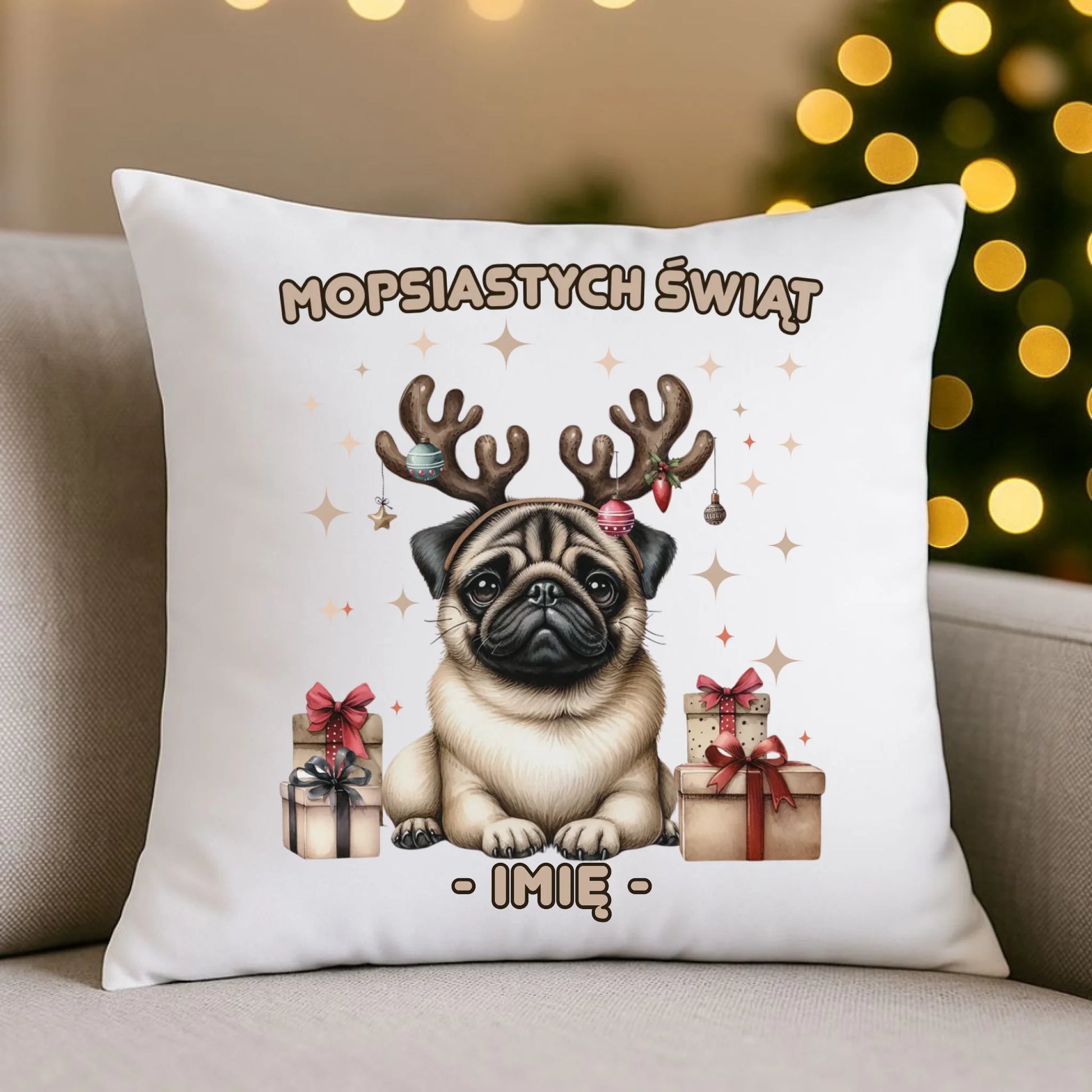 Poduszka świąteczna - Mops Mopsiastych świąt - personalizowana BN91 - StoryCups.pl