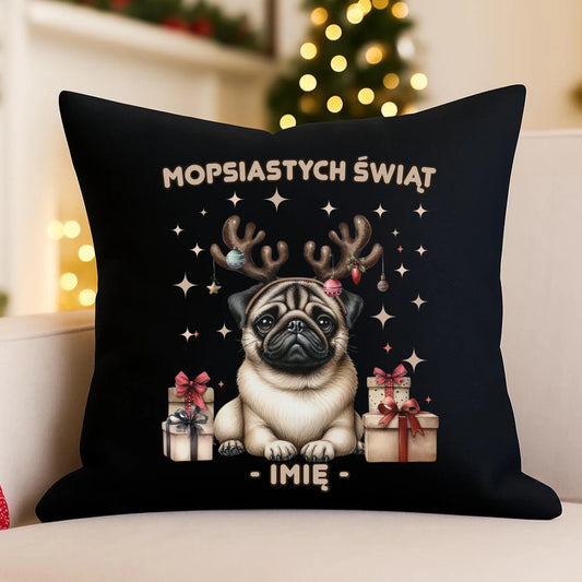 Poduszka dekoracyjna świąteczna - Mops Mopsiastych świąt - personalizowana BN91 - StoryCups.pl