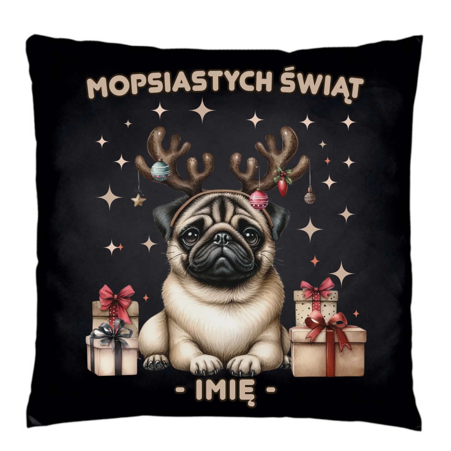 Poduszka dekoracyjna świąteczna - Mops Mopsiastych świąt - personalizowana BN91 - StoryCups.pl