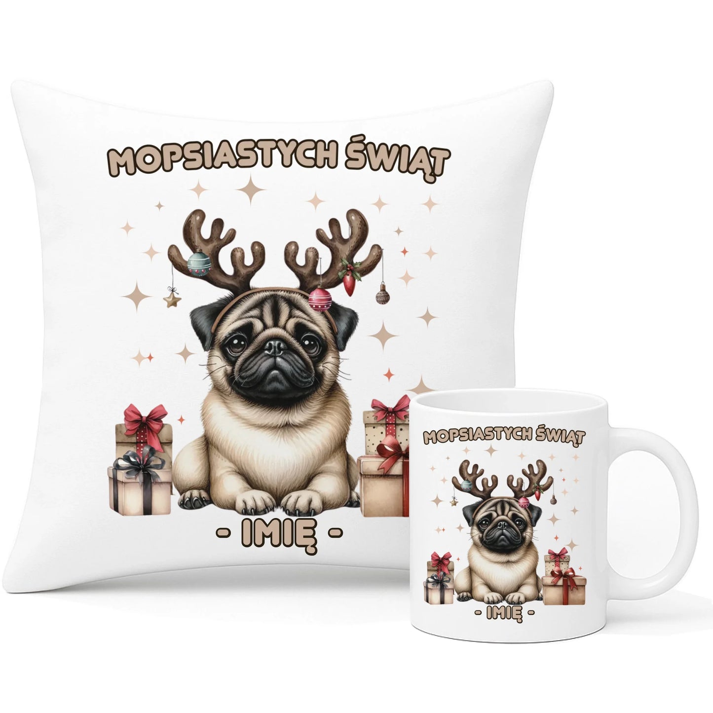 Zestaw poduszka i kubek świąteczny - Mops Mopsiastych świąt - personalizowany BN91 - StoryCups.pl