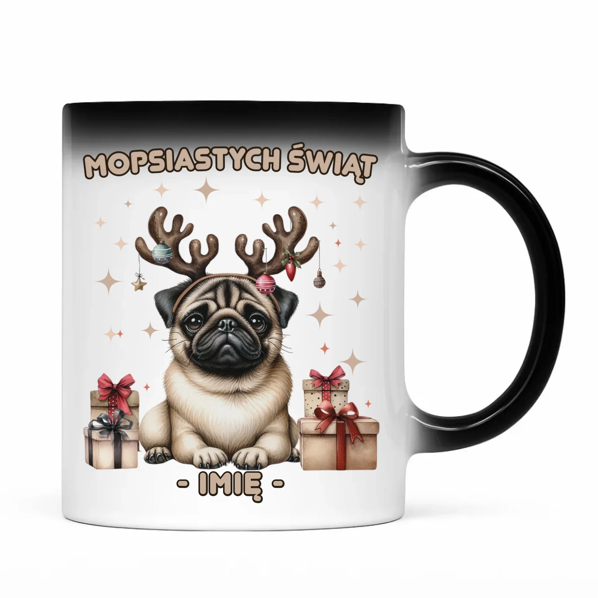Kubek magiczny świąteczny - Mops Mopsiastych świąt - personalizowany BN91 - StoryCups.pl