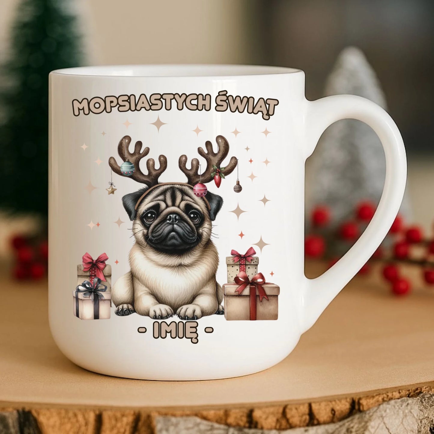 Kubek elegant świąteczny - Mops Mopsiastych świąt - personalizowany BN91 - StoryCups.pl