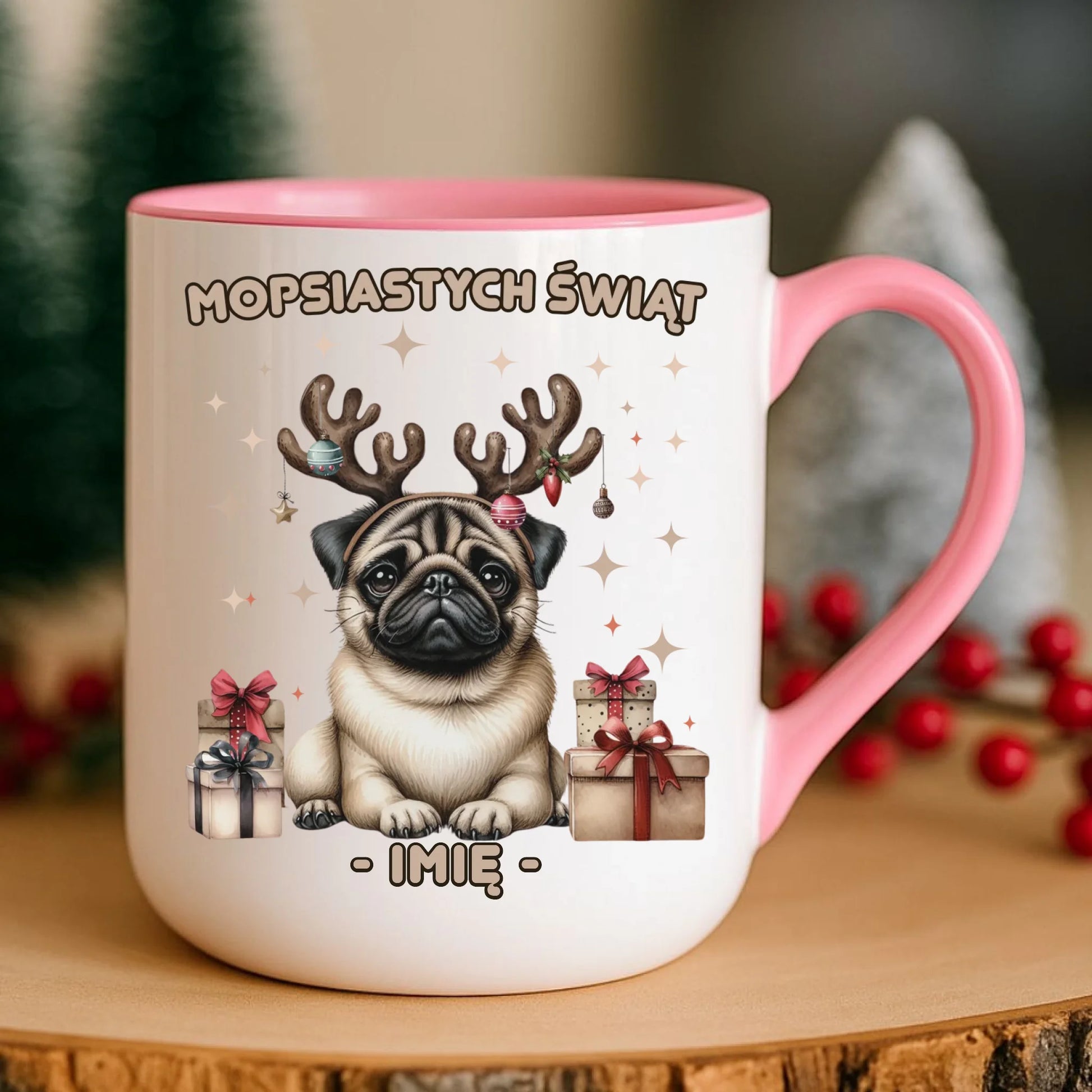 Kubek elegant świąteczny - Mops Mopsiastych świąt - personalizowany BN91 - StoryCups.pl