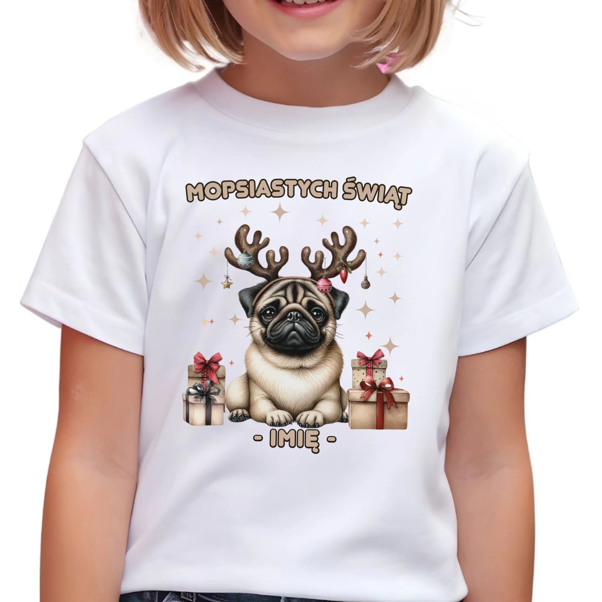 Koszulka dziecięca świąteczna - Mops Mopsiastych świąt - personalizowana BN91 - StoryCups.pl