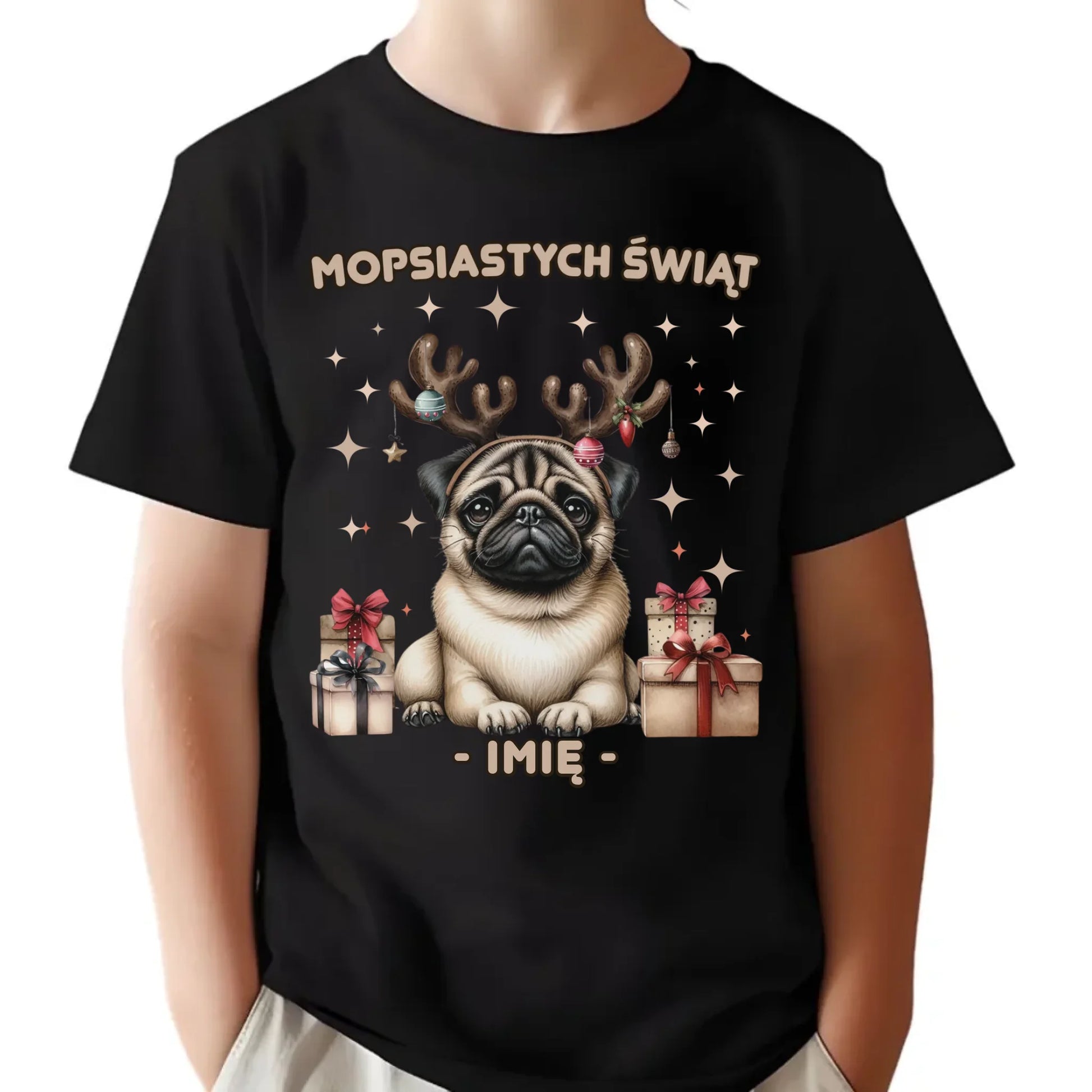 Koszulka dziecięca świąteczna - Mops Mopsiastych świąt - personalizowana BN91 - StoryCups.pl