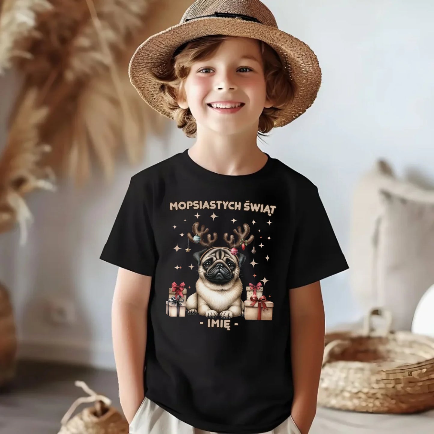 Koszulka dziecięca świąteczna - Mops Mopsiastych świąt - personalizowana BN91 - StoryCups.pl