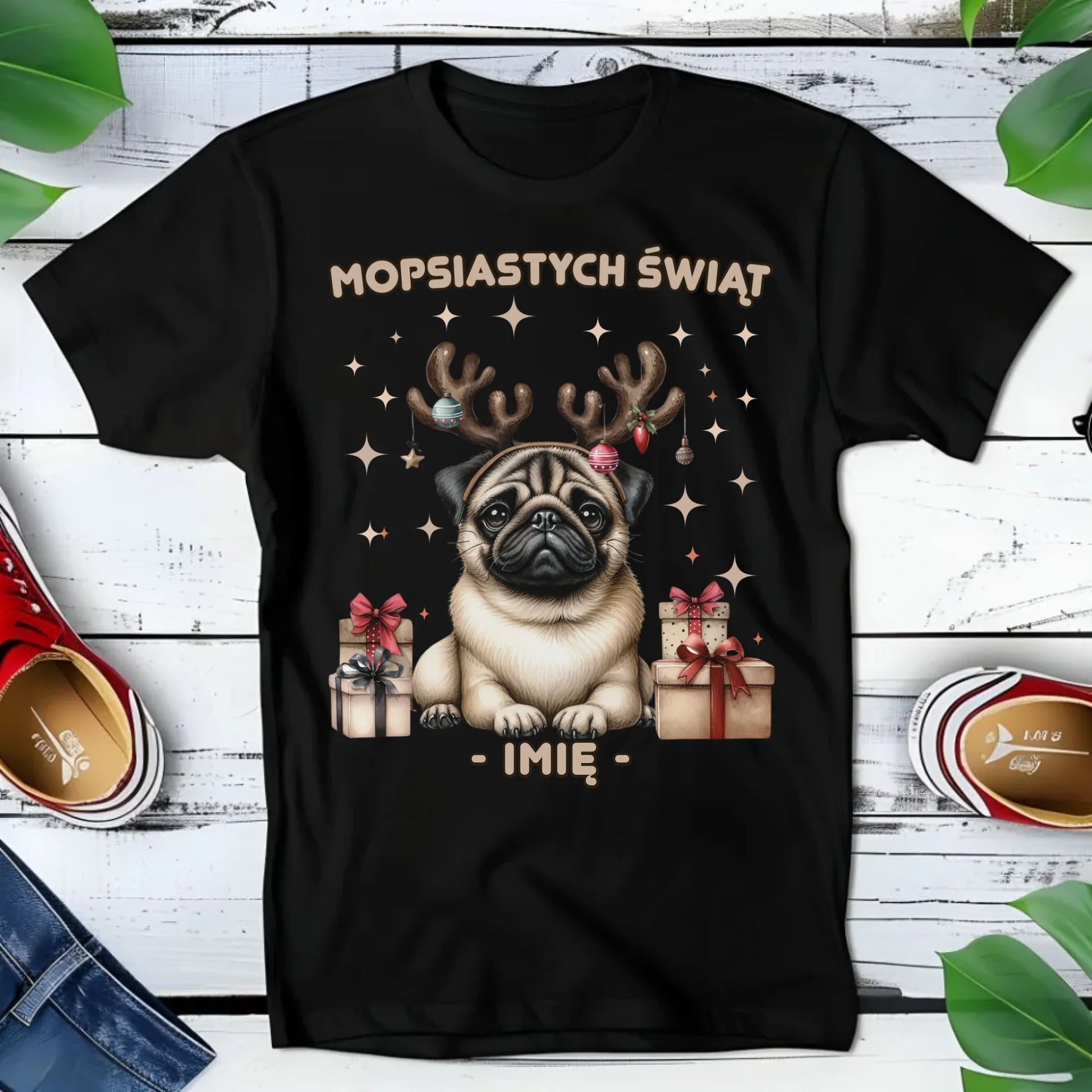 Koszulka dziecięca świąteczna - Mops Mopsiastych świąt - personalizowana BN91 - StoryCups.pl