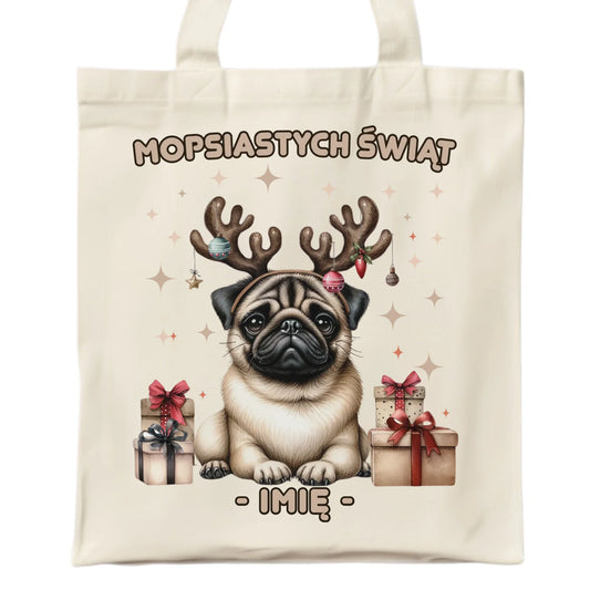Torba świąteczna - Mops Mopsiastych świąt - personalizowana BN91 - StoryCups.pl
